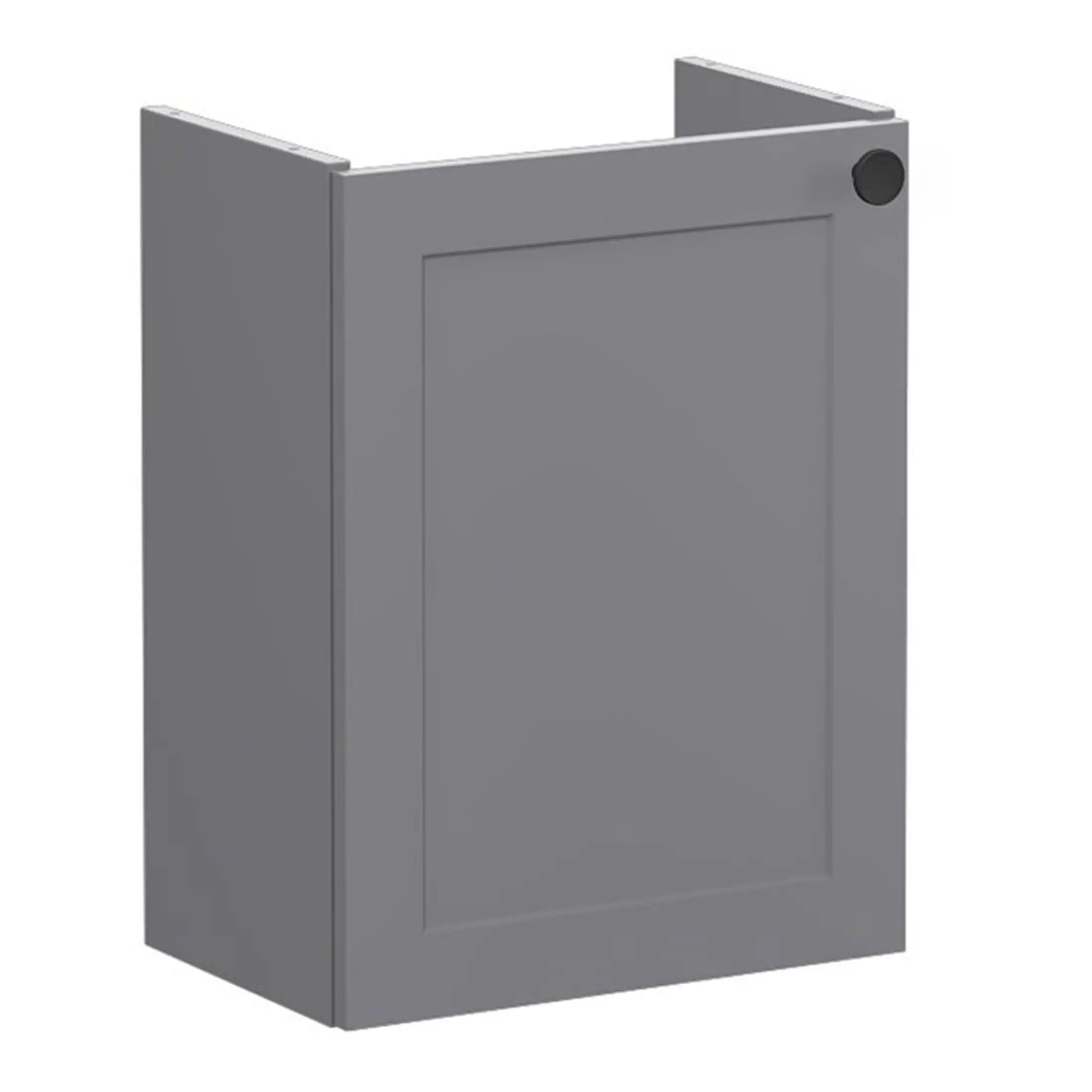 Minimalist grey bathroom cabinet with clean lines, ideal for modern bathroom storage solutions. Designed for durability and style, perfect for the ultimate in bathroom organisation.