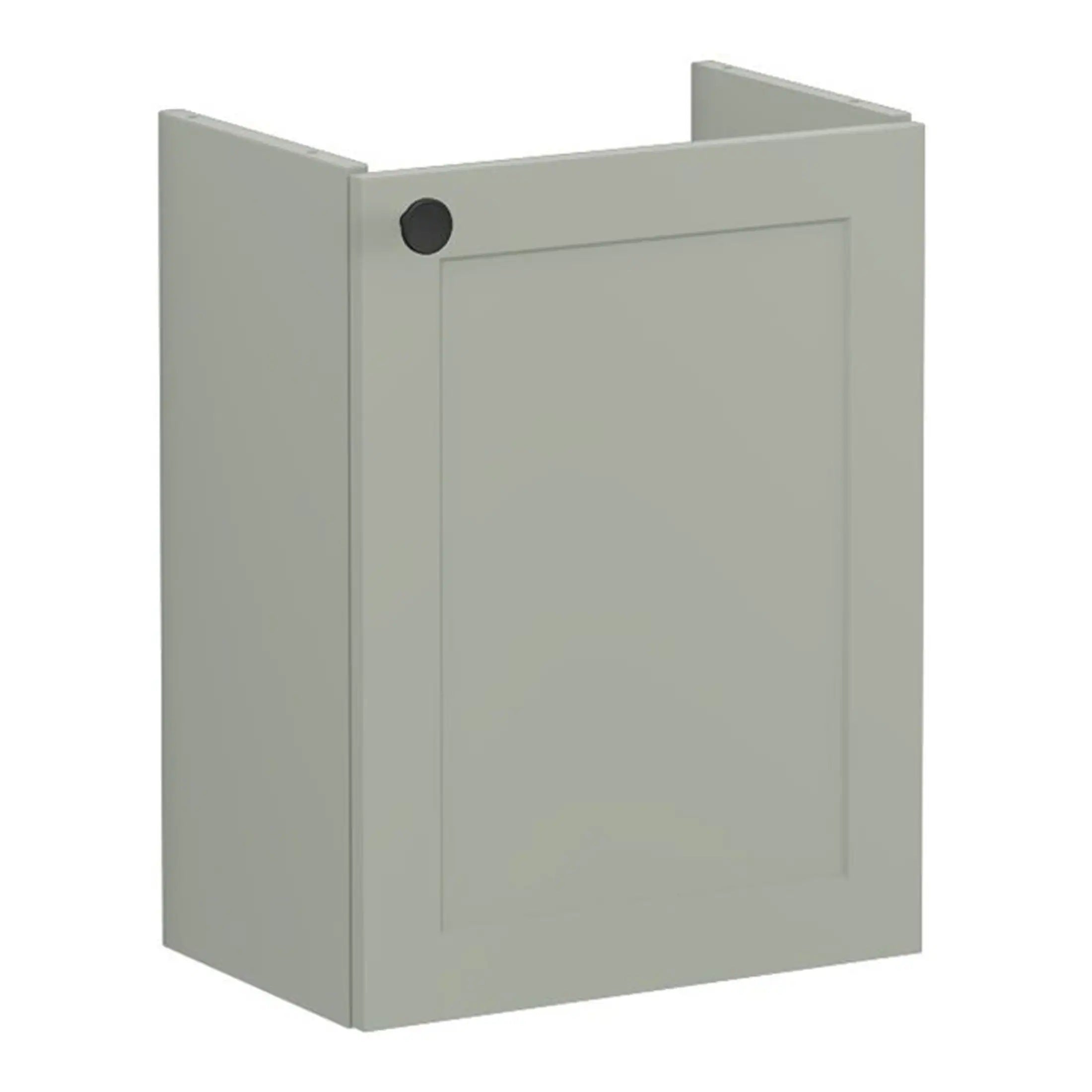 Light grey bathroom wall cabinet with modern panel design and concealed storage for bathrooms or utility rooms.