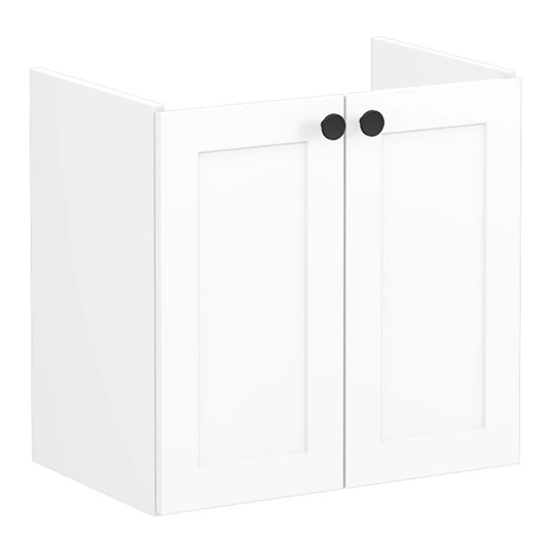 White bathroom vanity cabinet with black round handles, modern storage solution for bathroom organisation, sleek design, durable construction, ideal for contemporary bathroom interiors.
