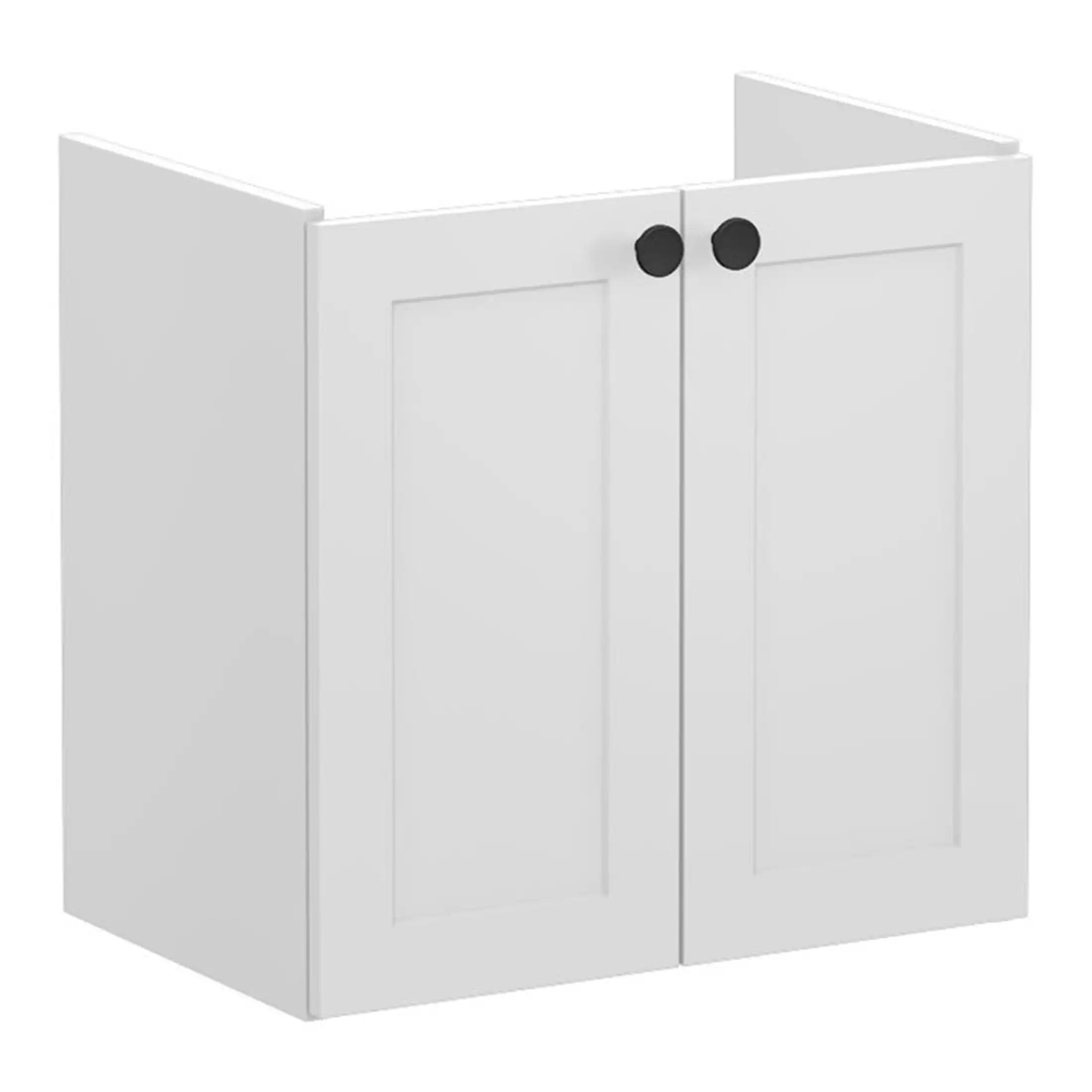 Minimalist white bathroom cabinet with black knobs, ideal for modern bathroom storage and organisation.