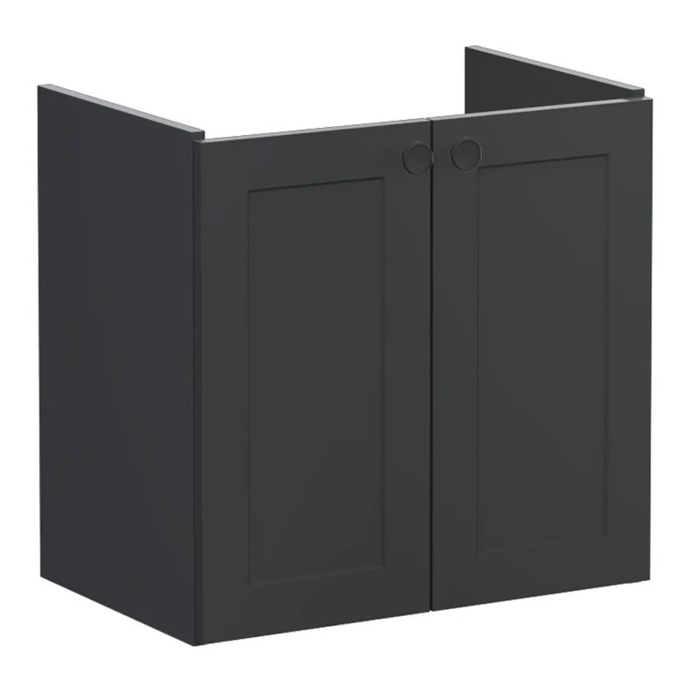 Modern black bathroom cupboard with double doors, ideal for bathroom storage and organisation, from Bubly Bathrooms.