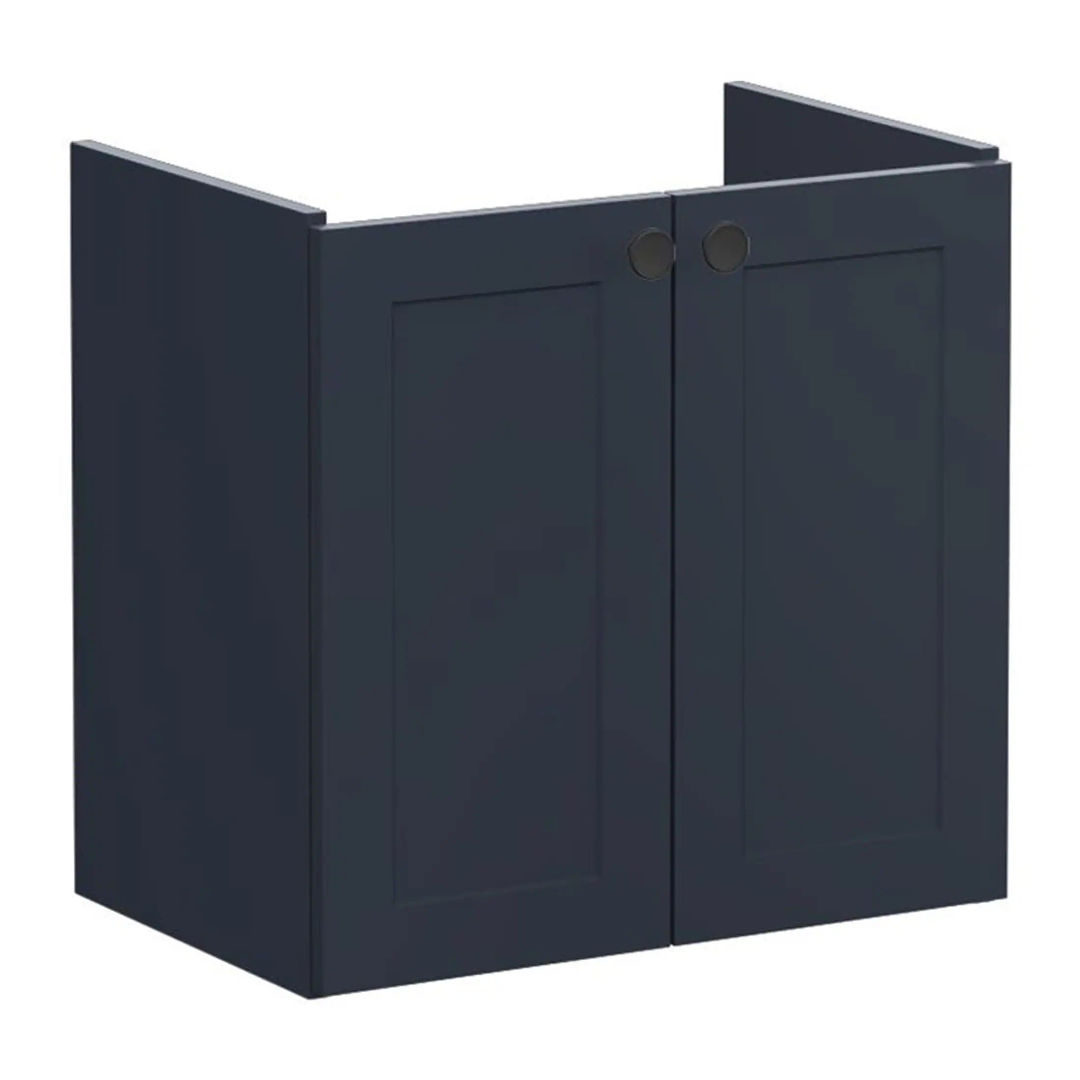 Dark navy bathroom cabinet with simple recessed panel doors and round black knobs, ideal for sleek bathroom storage solutions. Perfect for modern bathroom designs and organisation.