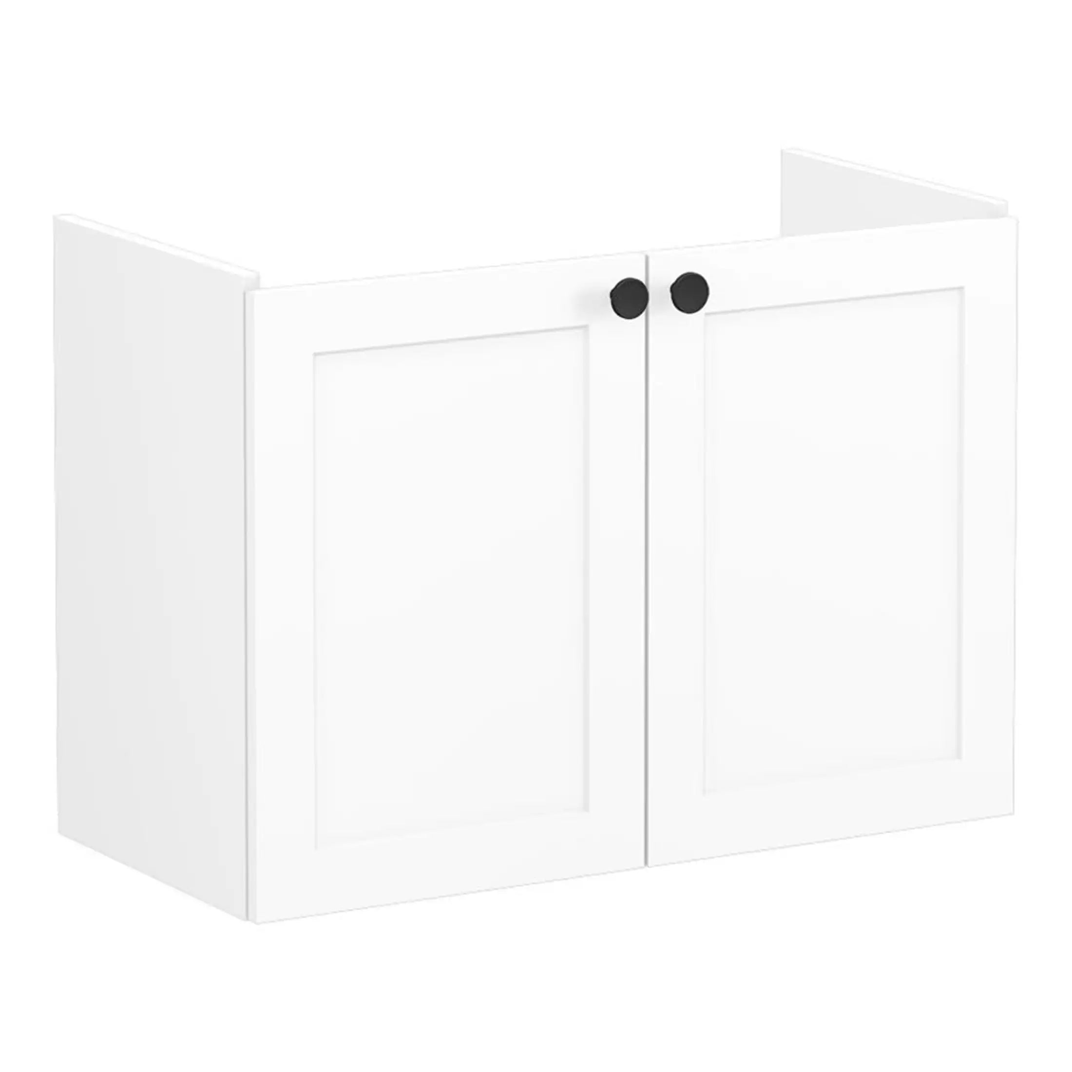 White bathroom wall cabinet with black knobs, modern storage solution for bathroom organisation. Ideal for toiletries and small items, featuring a sleek and minimalist design.
