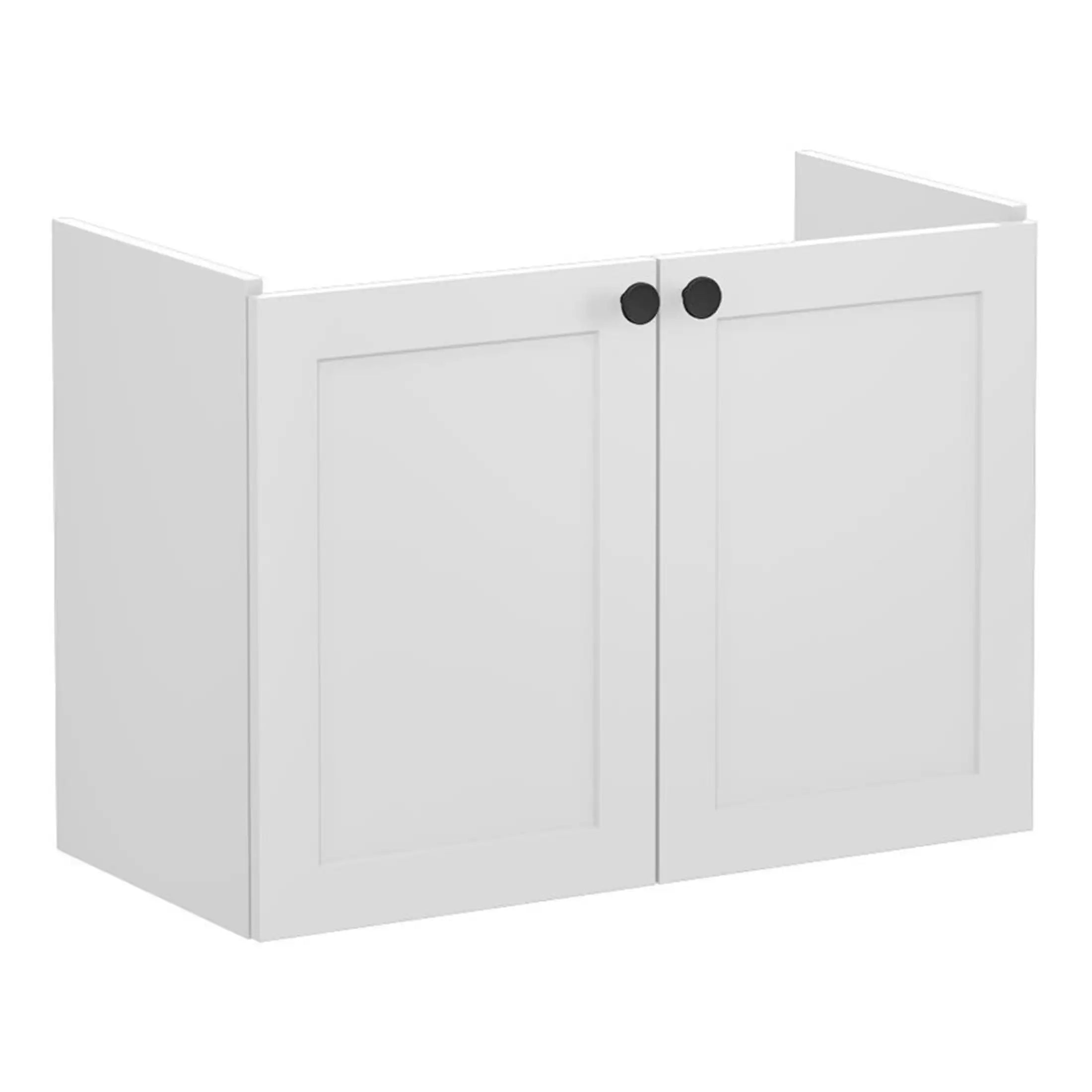 White bathroom storage cabinet with black knobs for modern bathroom organisation and decor. Perfect for clean, minimalist bathroom designs. Durable and easy to install.