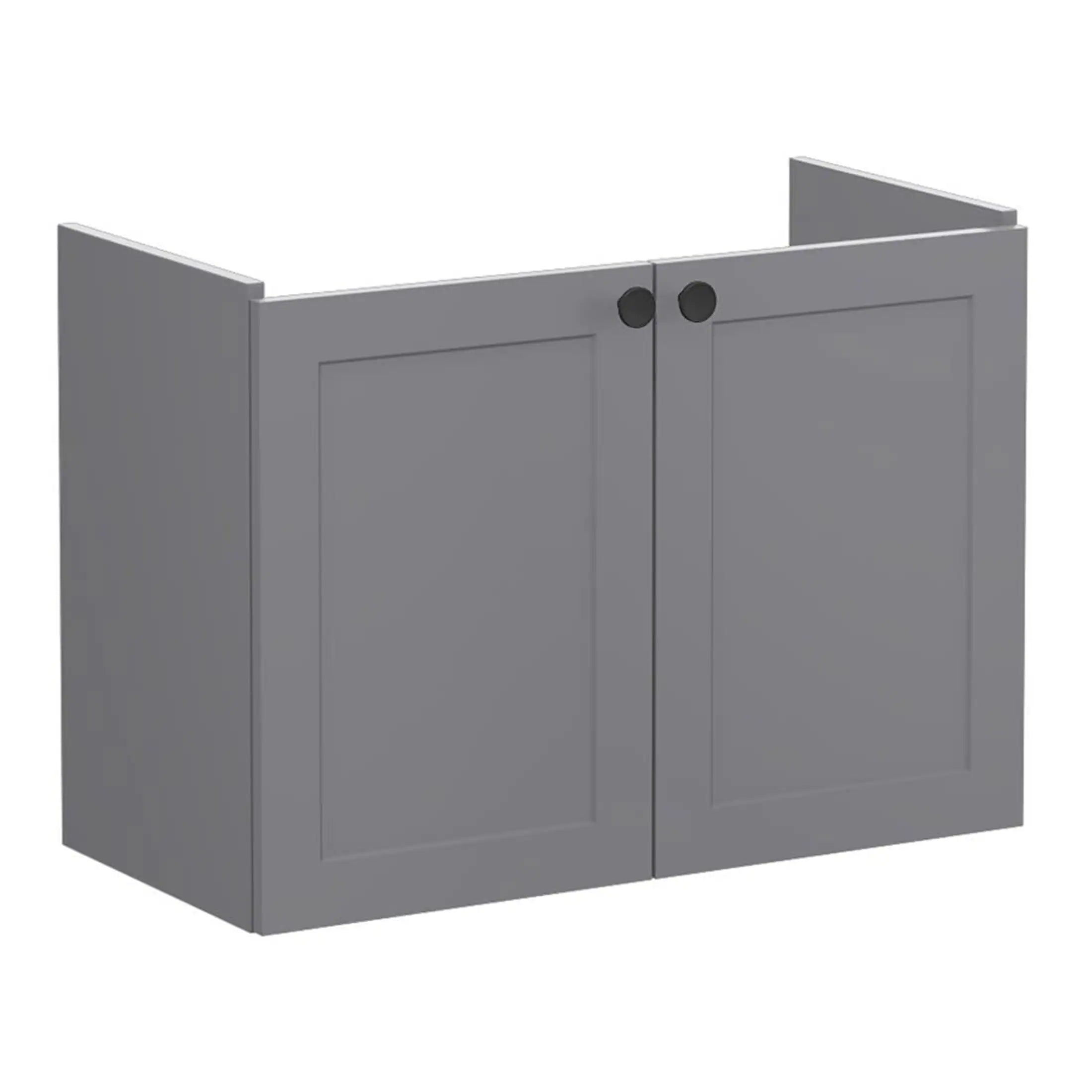 Flat grey bathroom cabinet with two doors and round black knobs, ideal for bathroom storage solutions. Suitable for modern bathrooms, providing ample space for toiletries and accessories.