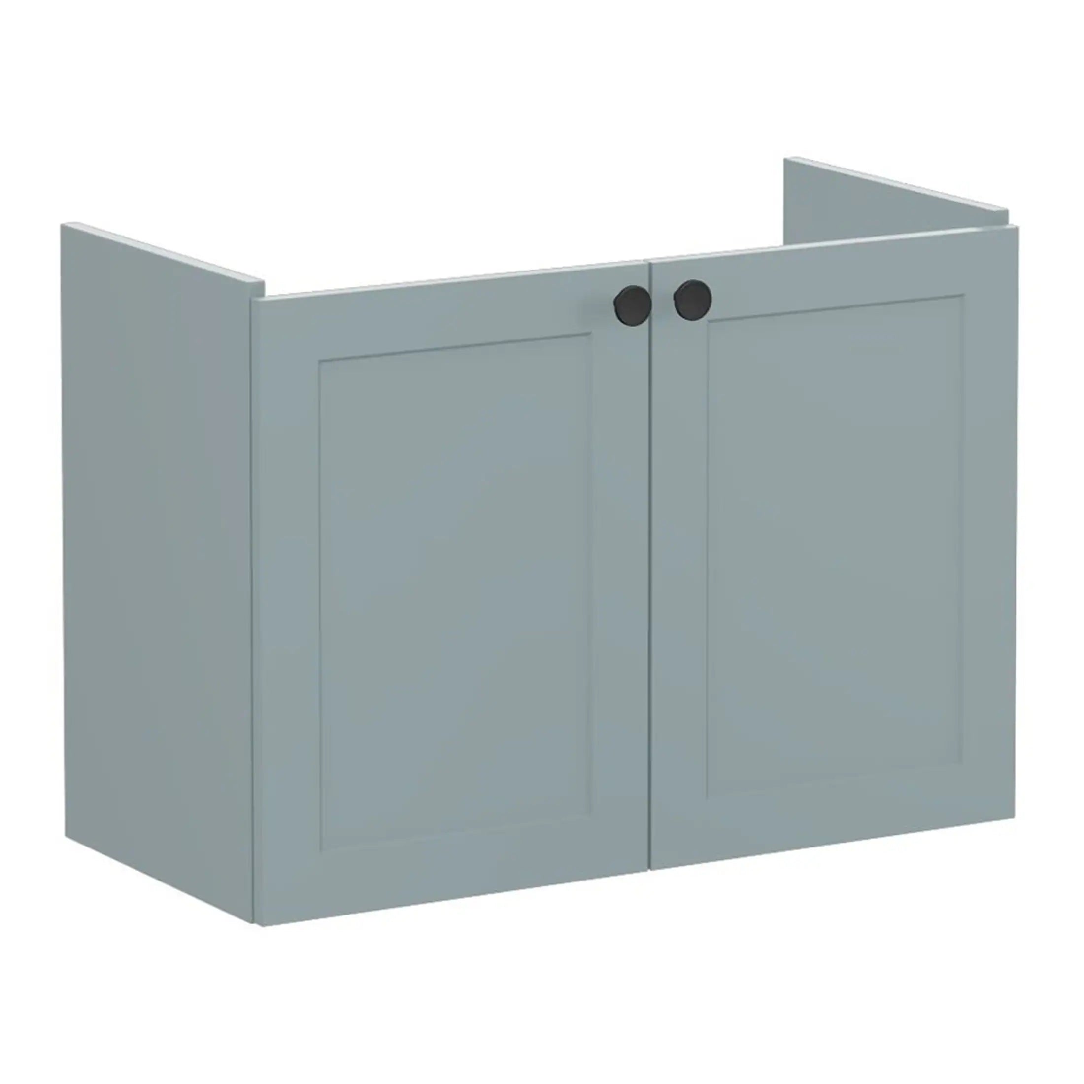 Modern grey bathroom vanity cabinet with double doors and black knob handles, ideal for stylish bathroom storage solutions.