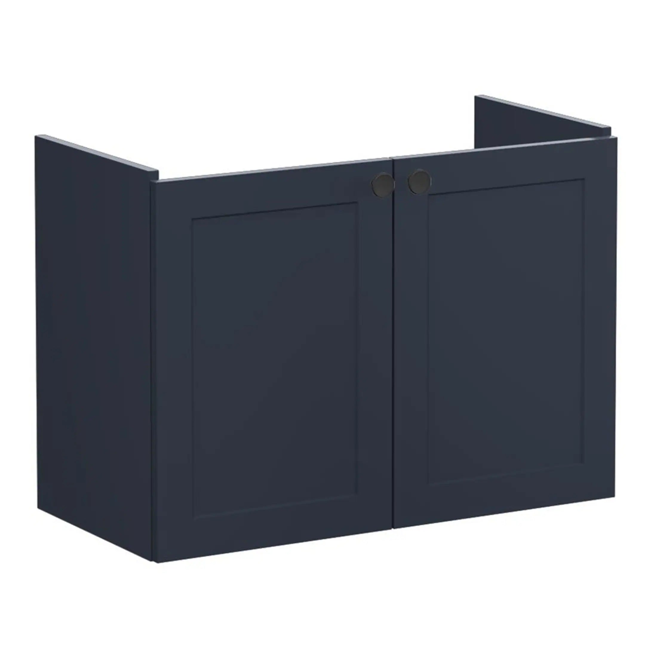 Dark navy blue bathroom cabinet with two doors and round black knobs, ideal for modern bathroom storage solutions.