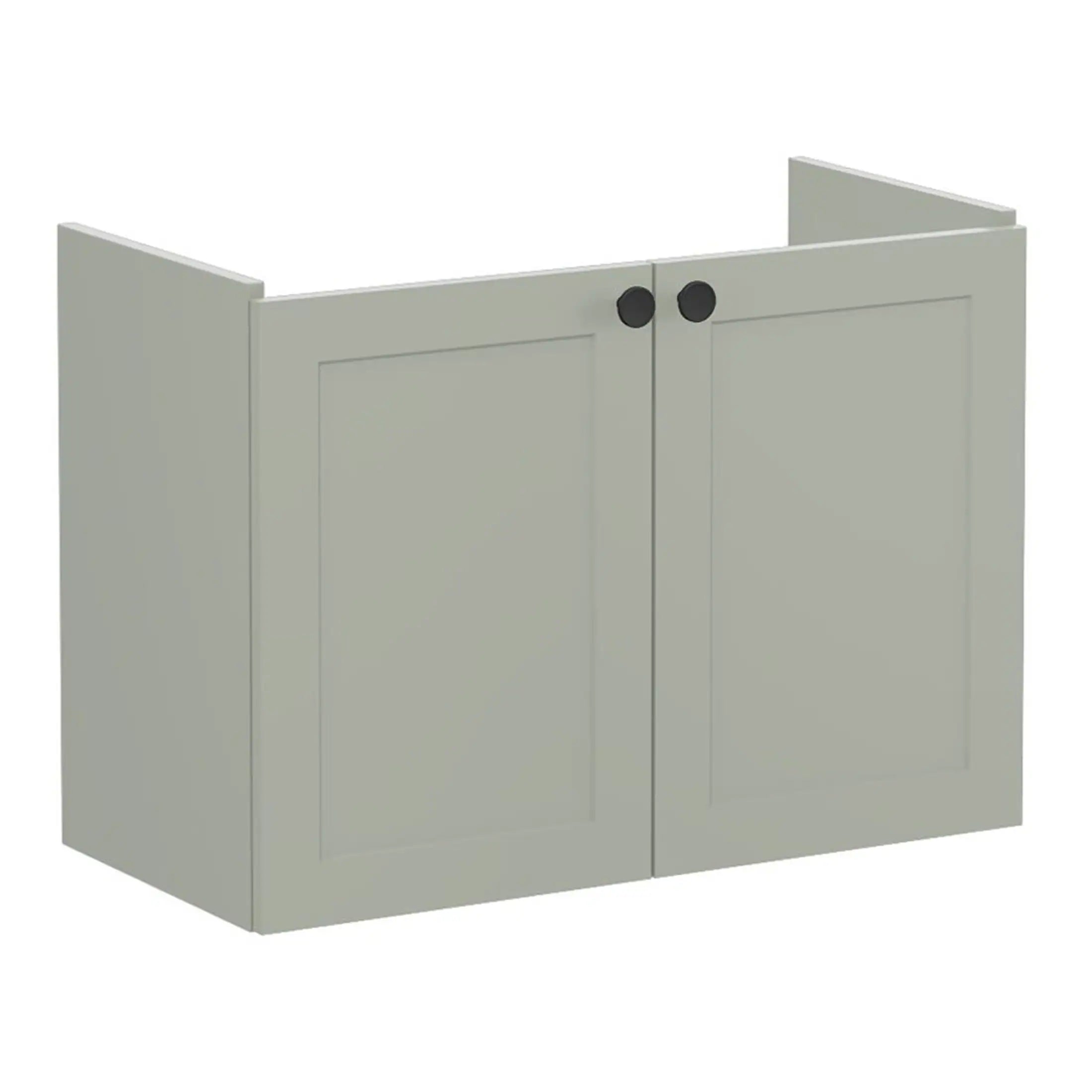 Modern grey bathroom cabinet with black knobs, designed for contemporary bathroom storage and organisation. Perfect for holding toiletries, cleaning supplies, and bathroom essentials. Stylish and functional.