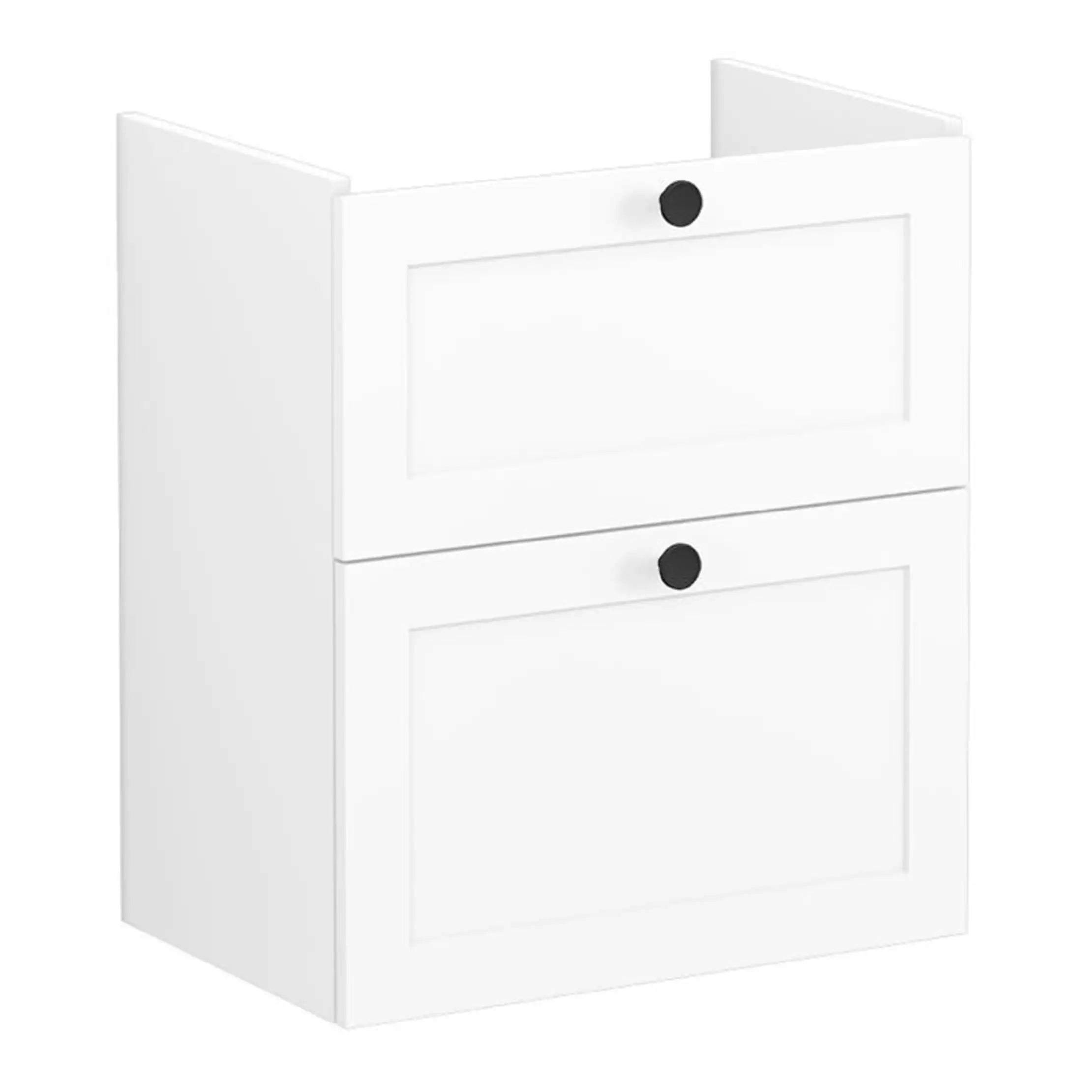Modern white bathroom cabinet with two drawers, sleek design, and black circular knobs, ideal for bathroom storage and organisation.