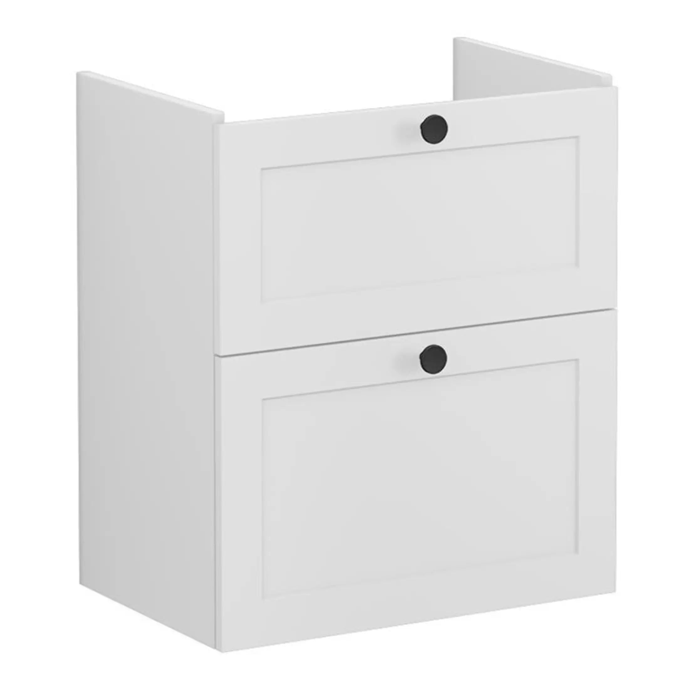 Contemporary white bathroom cabinet with two drawers, ideal for bathroom storage and organisation. Features sleek black knob handles for a modern touch. Perfect for bathroom renovation projects.