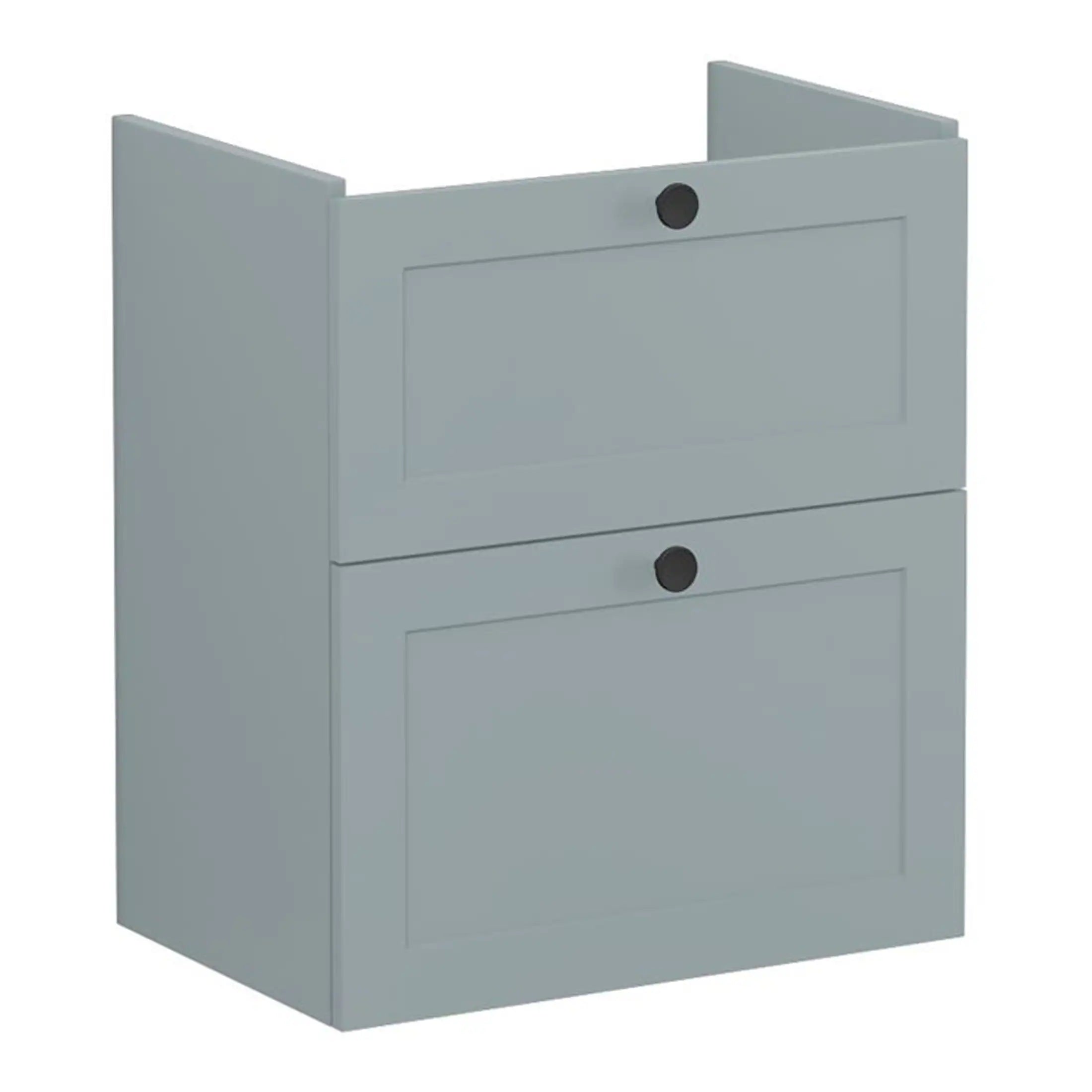 Sleek grey bathroom wall cabinet with two spacious storage compartments and modern round black handles, perfect for organising toiletries and accessories.