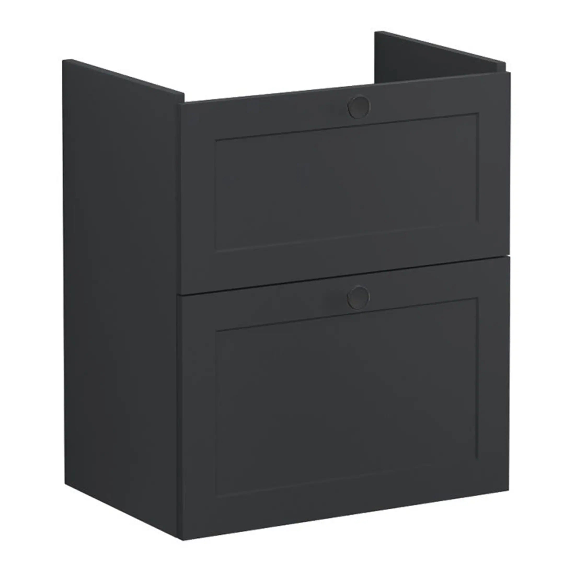 Modern black bathroom storage cabinet with two doors, ideal for organising essentials in contemporary bathrooms and improving bathroom aesthetics.