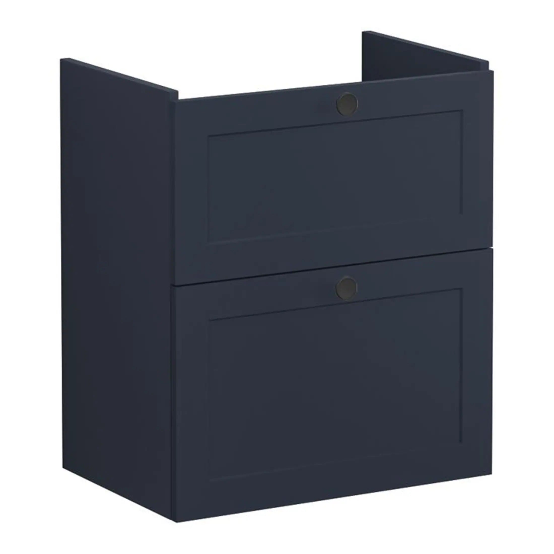 Modern navy blue bathroom cabinet with two drawers, sleek design, ideal for bathroom storage and organisation.