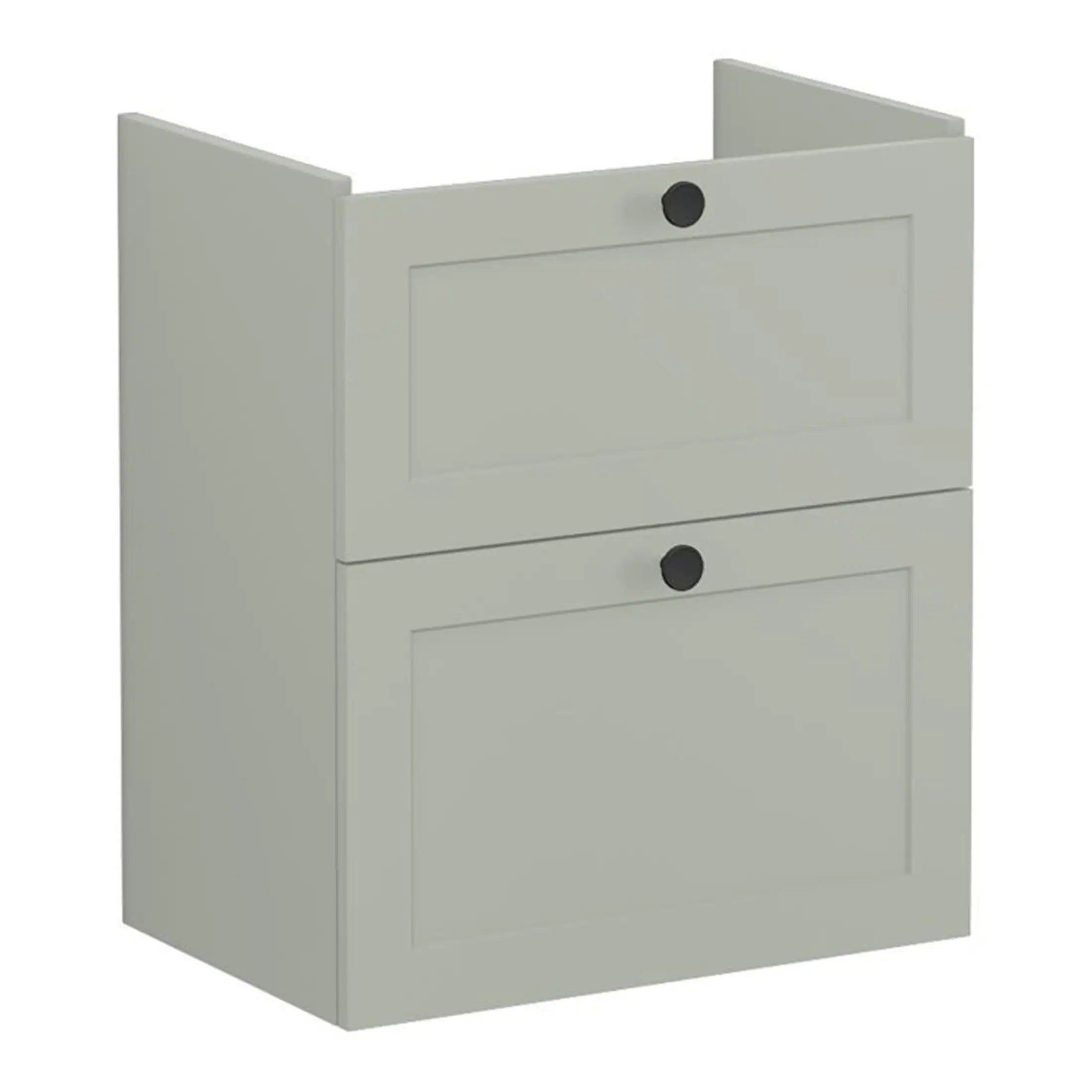 Modern white bathroom wall cabinet with two doors and black circular handles, ideal for bathroom storage and organisation. Perfect for enhancing bathroom decor and functionality.
