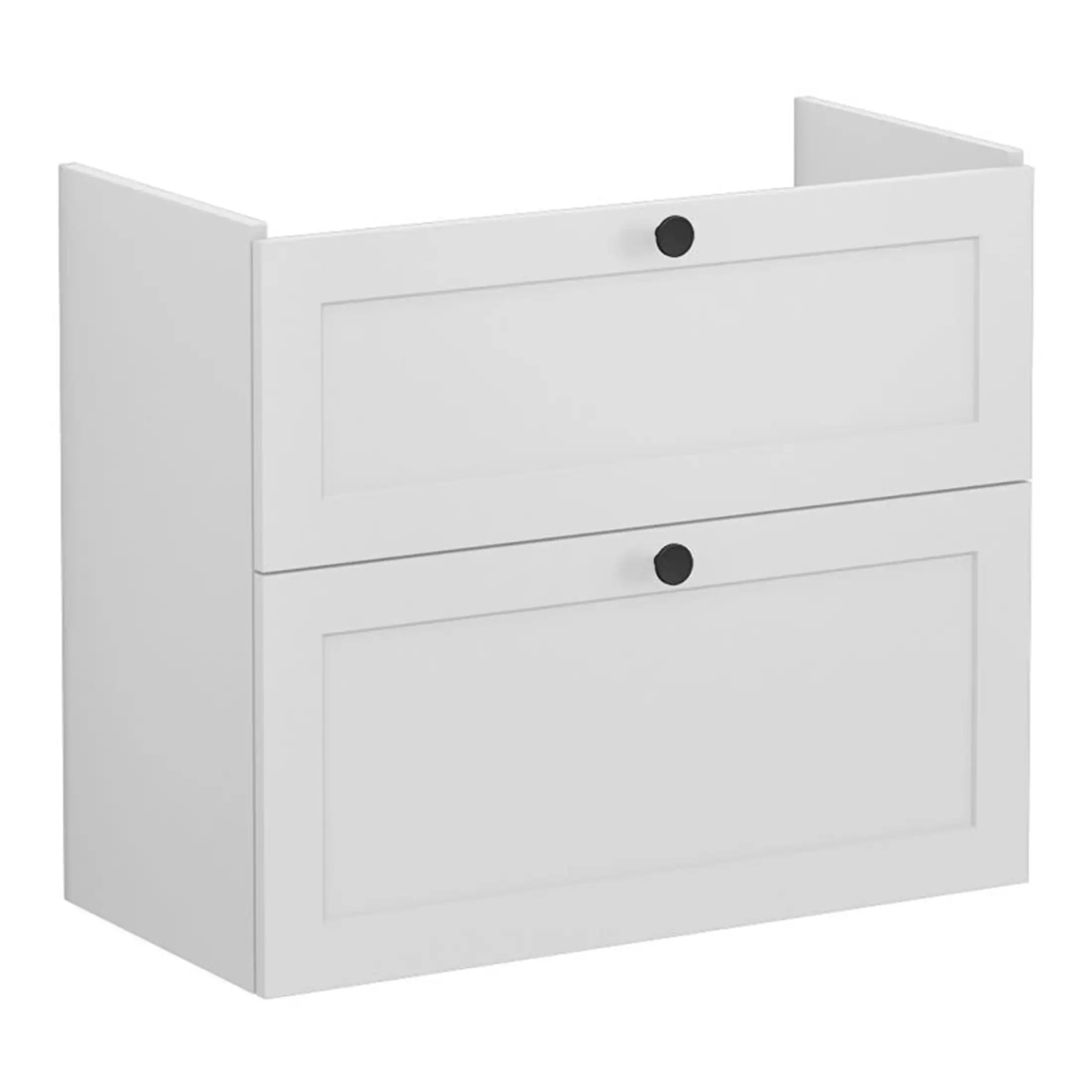 White bathroom cabinet with two drawers and black round handles, modern bathroom furniture from Bubly Bathrooms, sleek and functional storage solution for bathrooms UK.