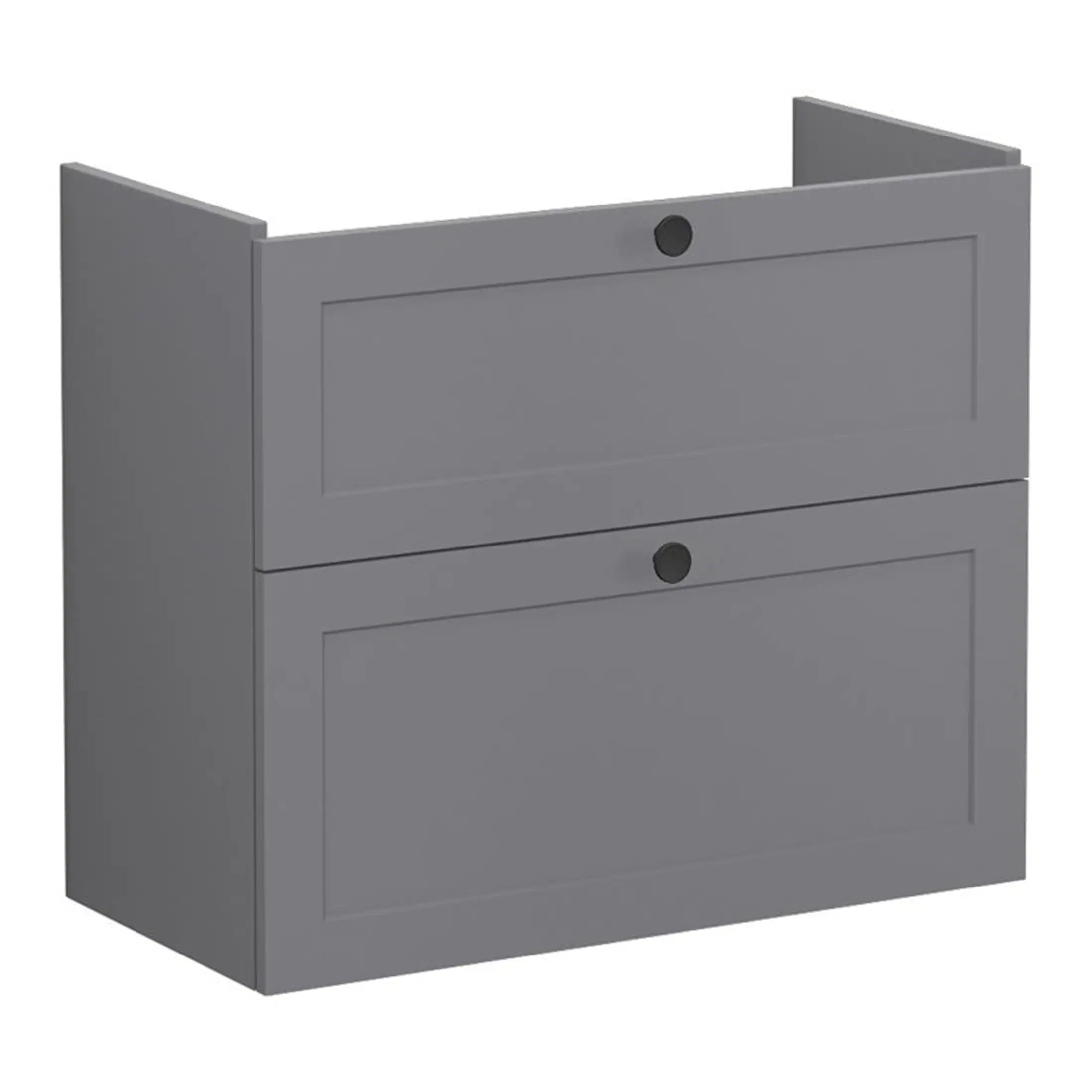 Grey bathroom cabinet with two doors, modern design, perfect for bathroom storage solutions, made by Bubly Bathrooms, sleek and functional for bathroom organisation.