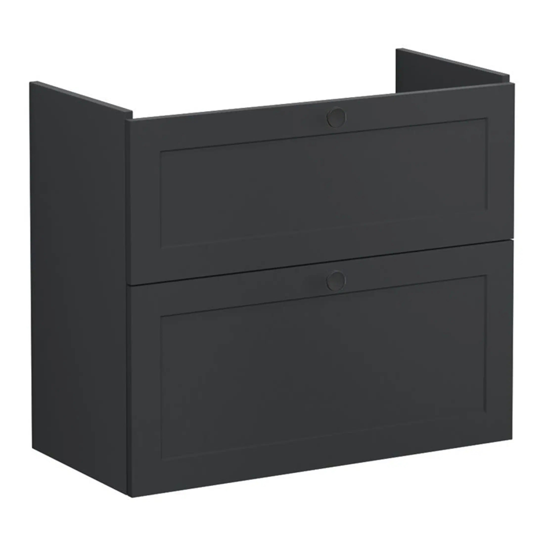 Modern black bathroom cabinet with sleek panel design, ideal for bathroom storage solutions. Durable, stylish, perfect for organising toiletries and essentials. Modern bathroom furniture from Bubly Bathrooms.