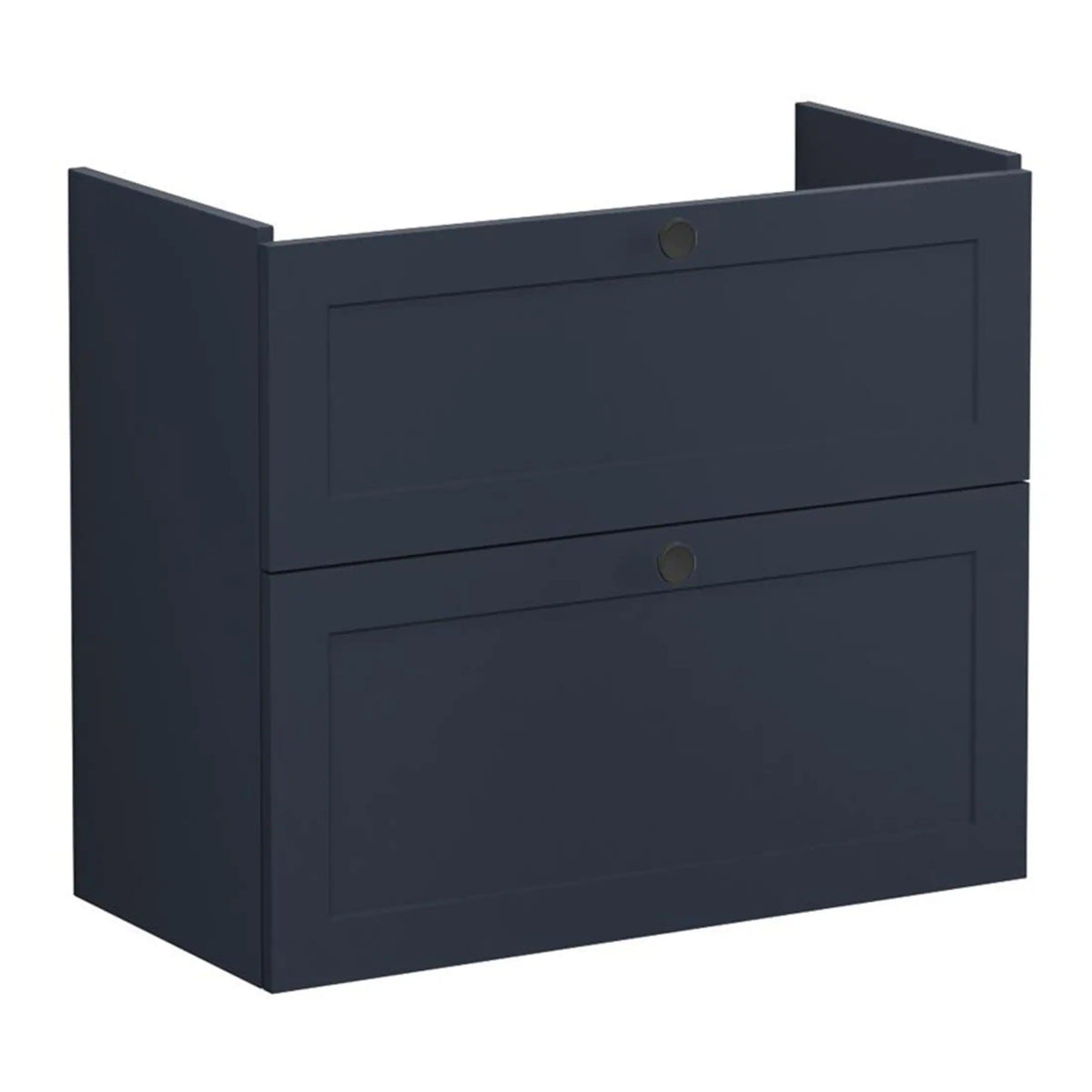 Modern navy blue bathroom cabinet with two drawers and sleek design, ideal for bathroom storage and organisation, perfect for contemporary bathroom interiors.