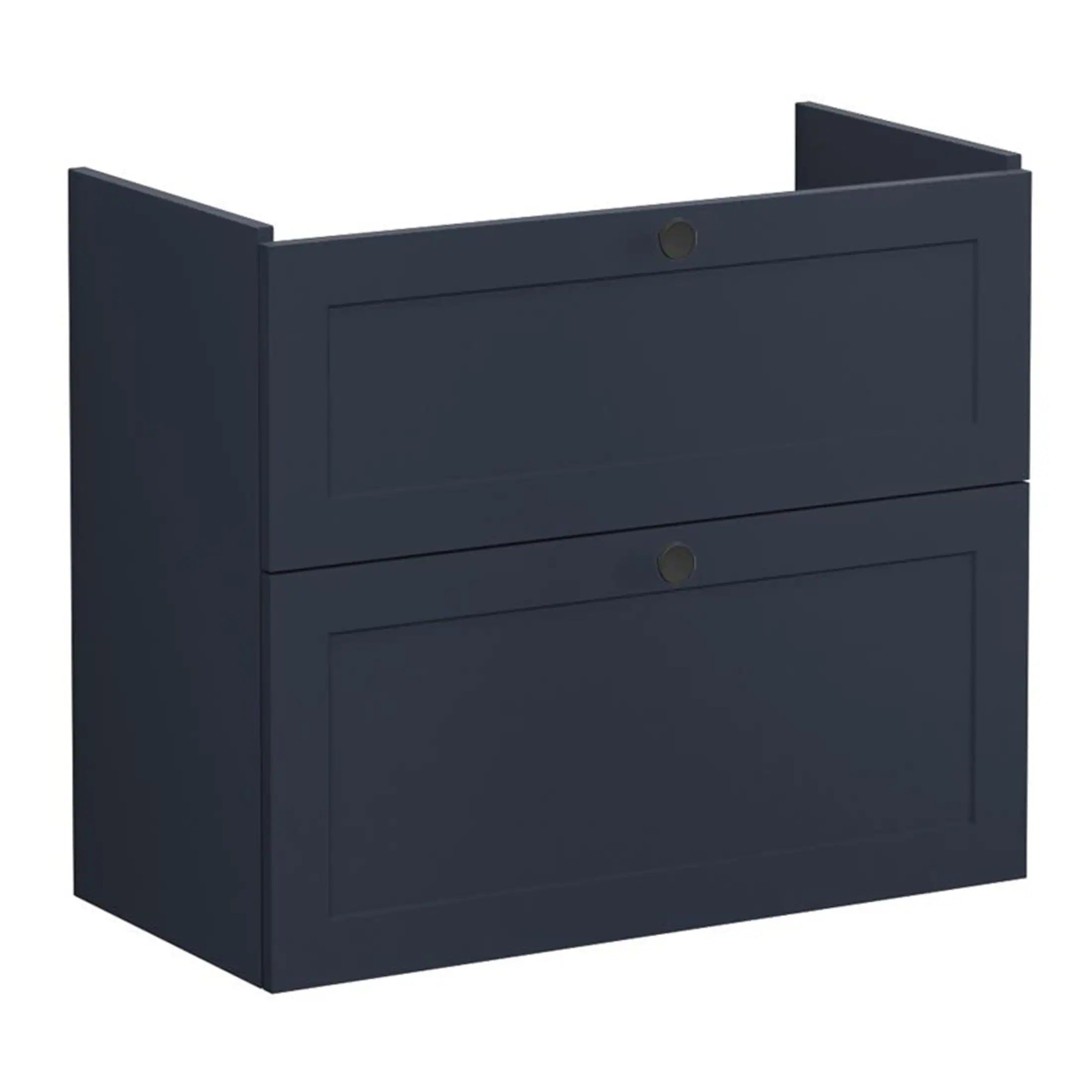 Modern navy blue bathroom cabinet with two drawers and sleek design, ideal for bathroom storage and organisation, perfect for contemporary bathroom interiors.