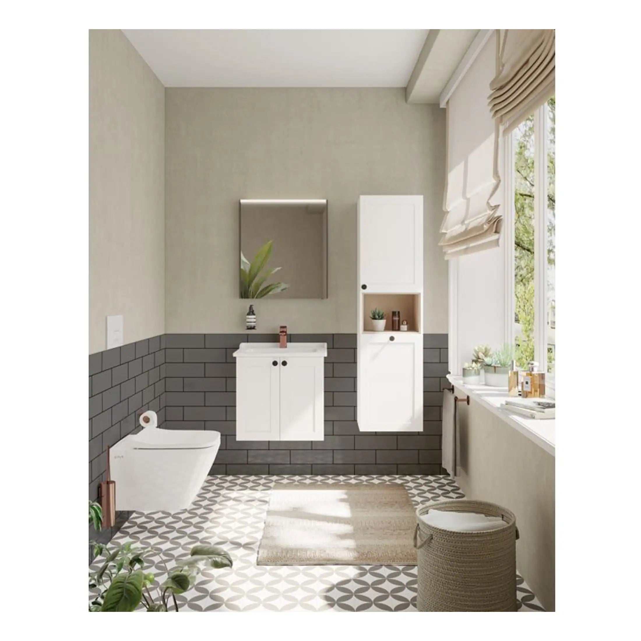 Contemporary bathroom design with white cabinetry, grey tiled walls, and patterned floor tiles, featuring a modern toilet, vanity unit, and ample natural light from large windows.
