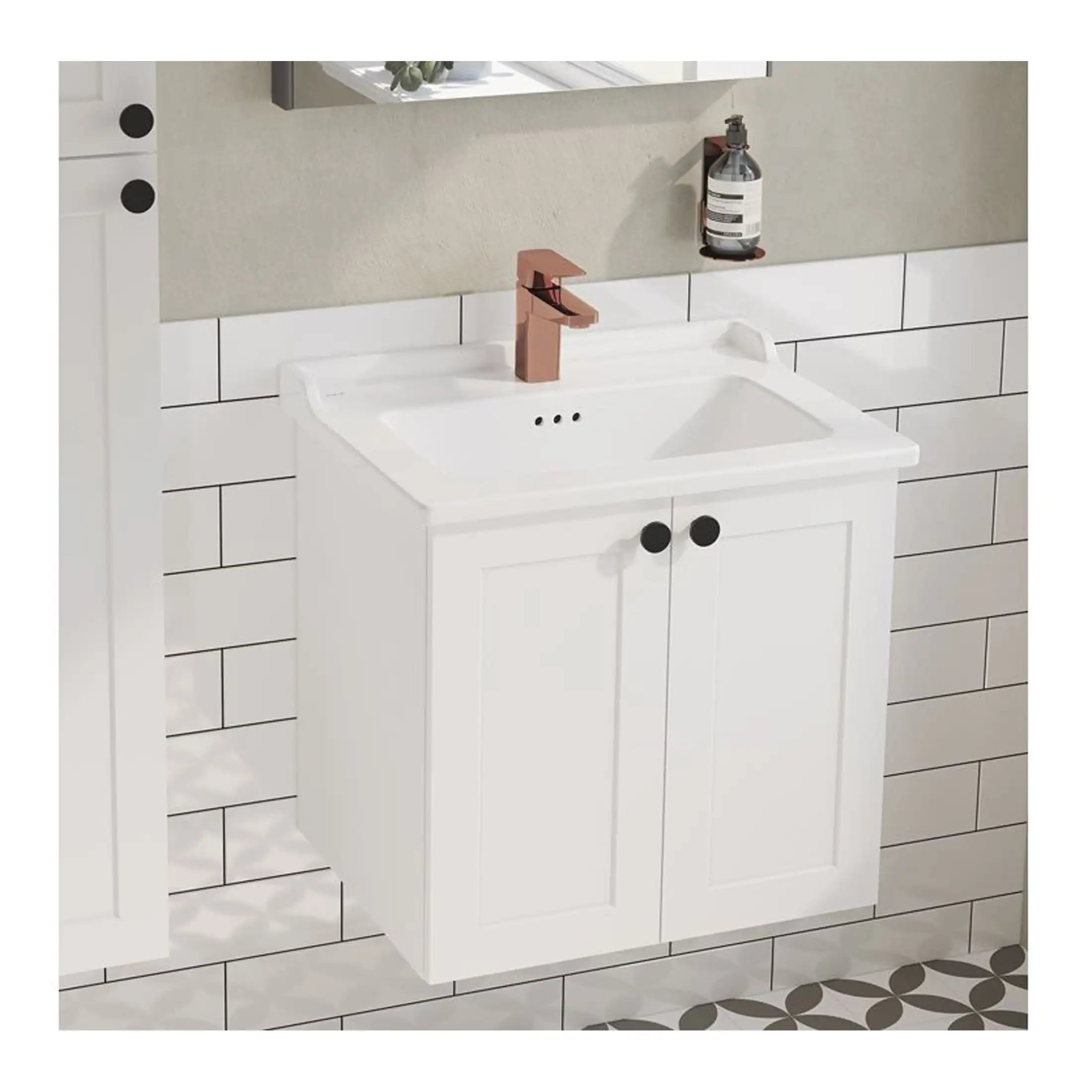 White bathroom vanity with integrated sink, rose gold faucet, black knob handles, mounted on a tiled wall with a mirror above, designed for stylish bathroom storage and hygiene.