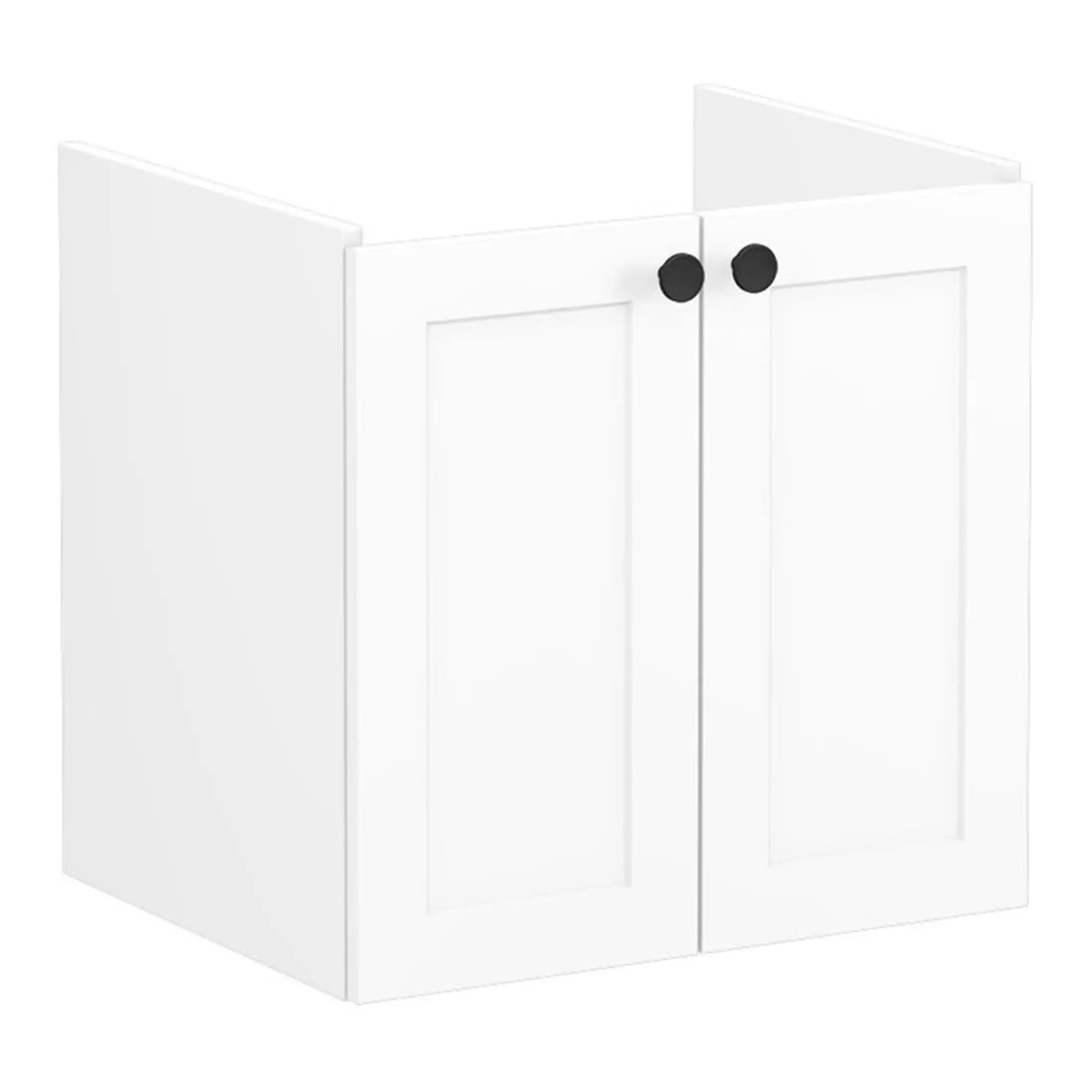 White bathroom wall cabinet with black round knobs, ideal for modern bathroom storage, durable and space-saving, by Bubly Bathrooms.