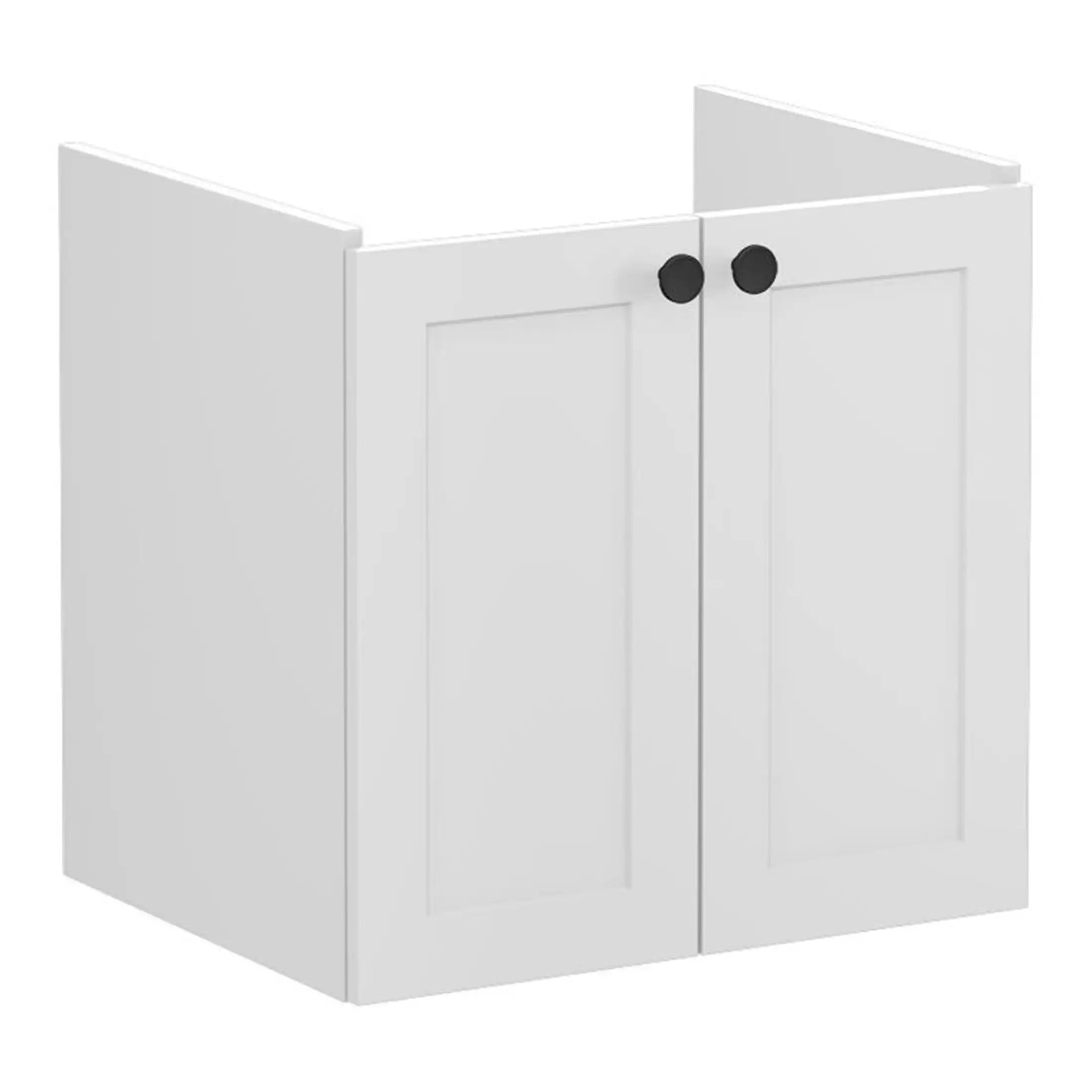 White bathroom storage cabinet with black round handles, modern and functional, ideal for organising toiletries and bathroom essentials. Perfect for contemporary bathroom designs.