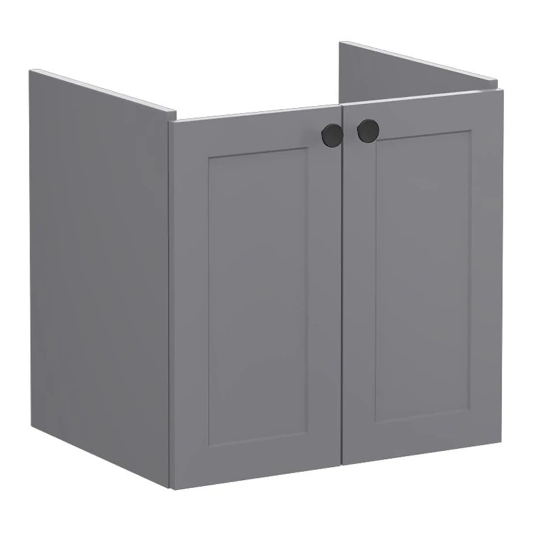 Modern grey bathroom cabinet with double doors, perfect for stylish bathroom storage solutions. Durable MDF construction with matte black knob handles. Ideal for contemporary bathroom interiors.