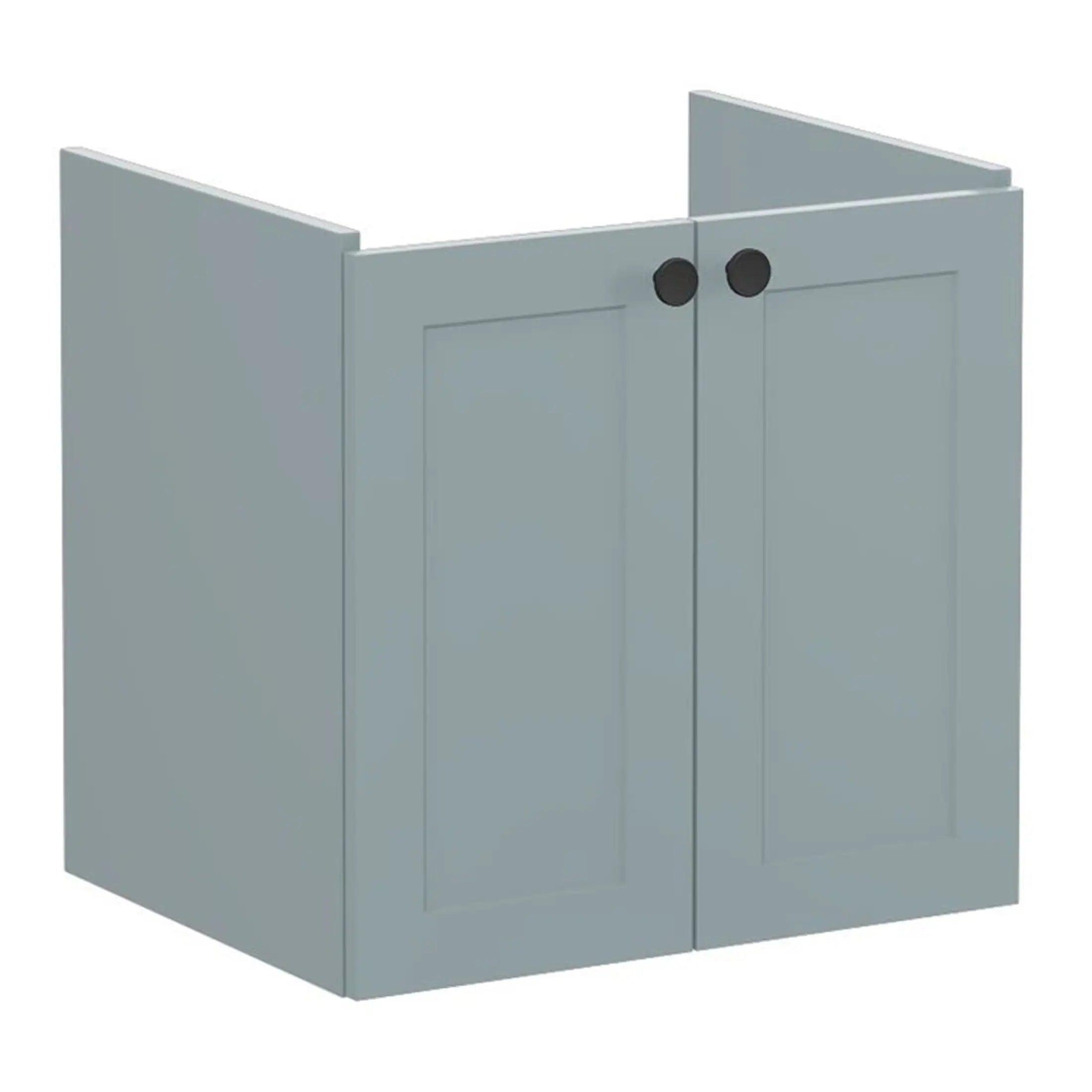 Minimalist grey bathroom vanity cabinet with black knob handles, suitable for modern bathroom storage solutions.