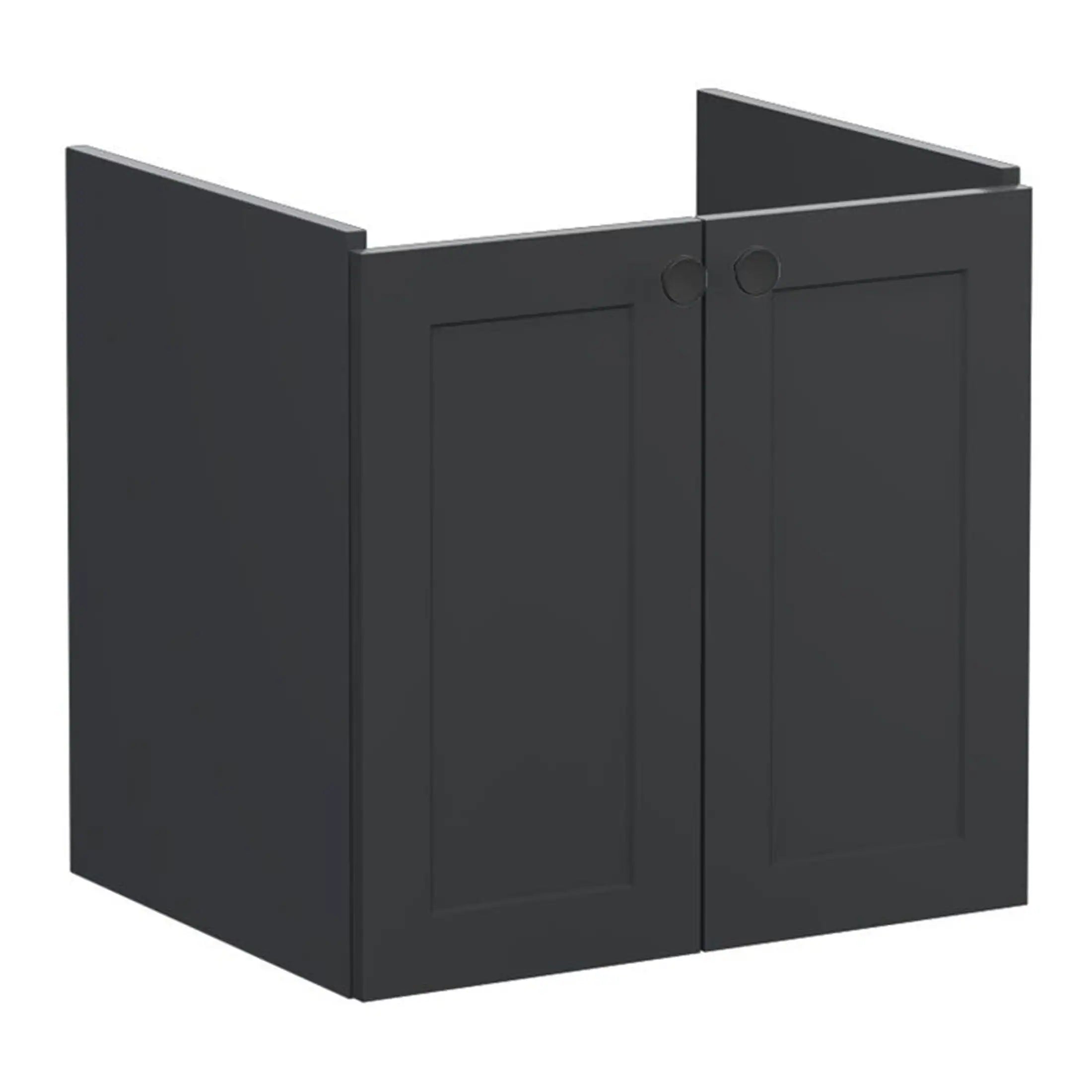 Modern black bathroom vanity unit with shaker style doors, ideal for contemporary bathroom storage solutions. Durable and stylish, perfect for enhancing bathroom aesthetics.