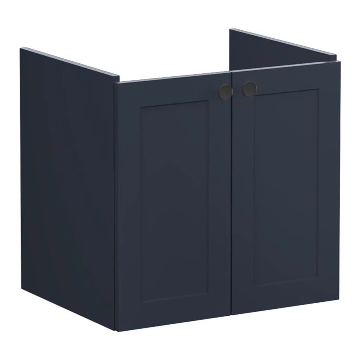 Dark blue bathroom cabinet with two doors and round black handles, ideal for modern bathroom storage solutions. Perfect for organising toiletries and bathroom essentials.