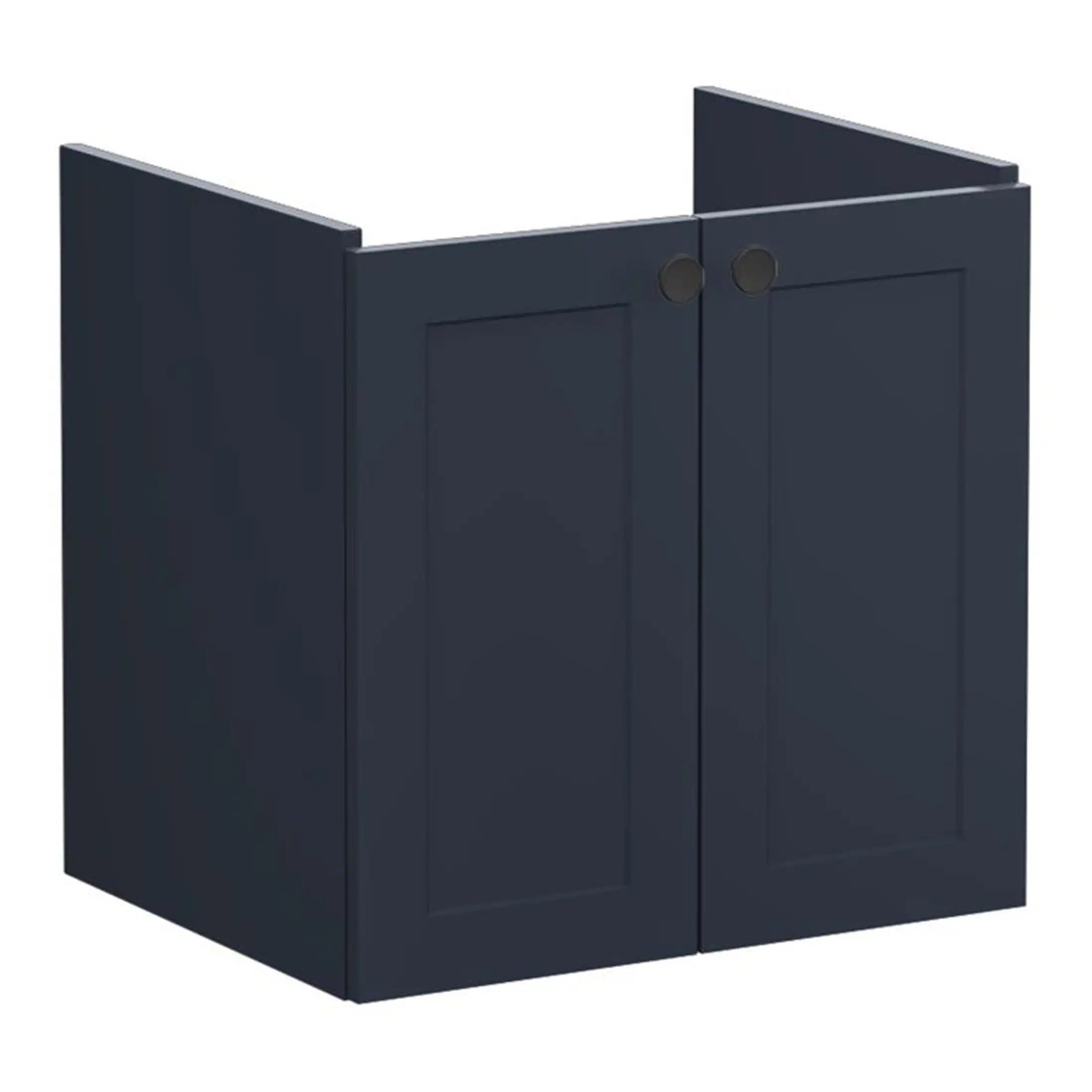 Dark blue bathroom cabinet with two doors and round black handles, ideal for modern bathroom storage solutions. Perfect for organising toiletries and bathroom essentials.