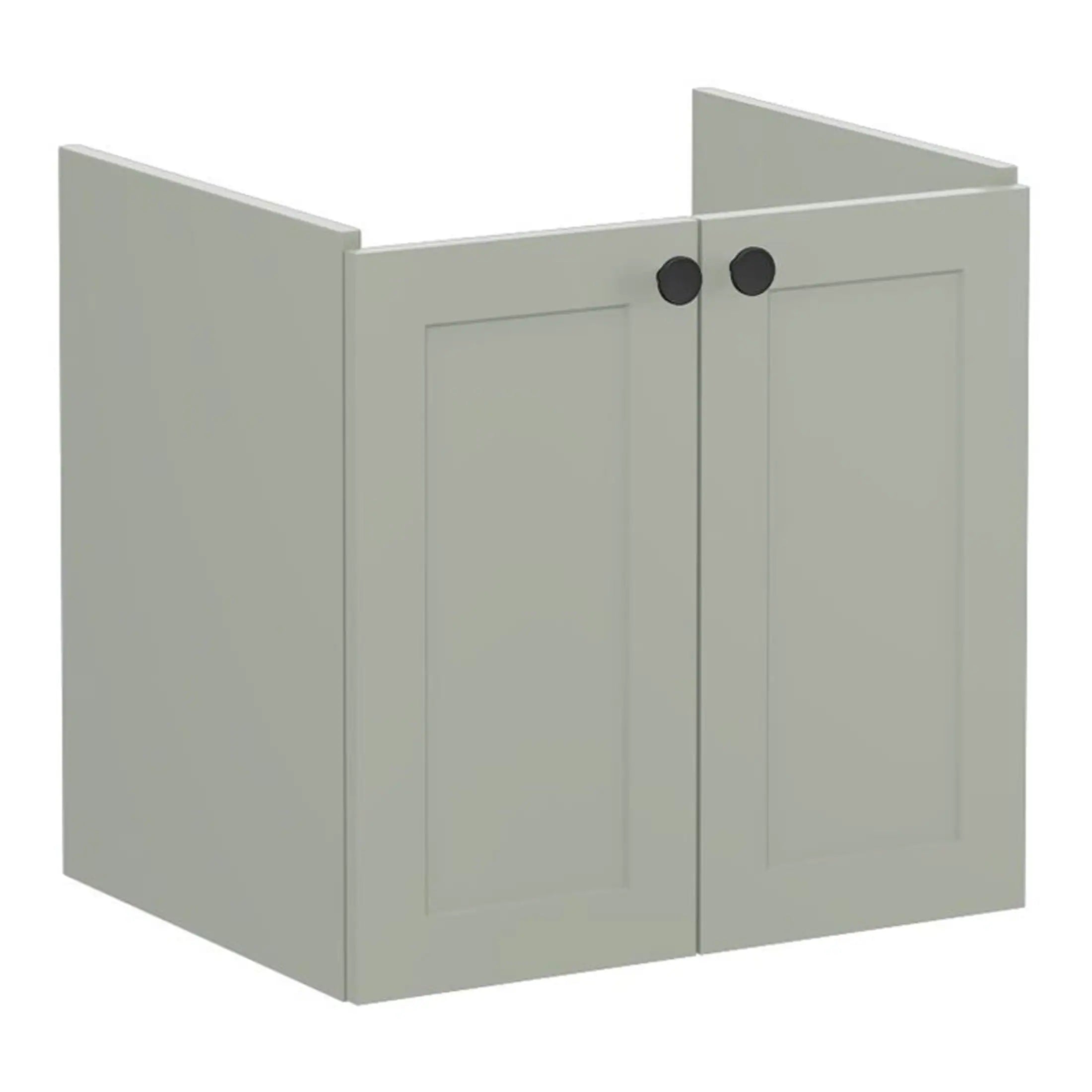 White bathroom corner cabinet with black round handles, ideal for storage and organisation, perfect for modern bathroom interiors.