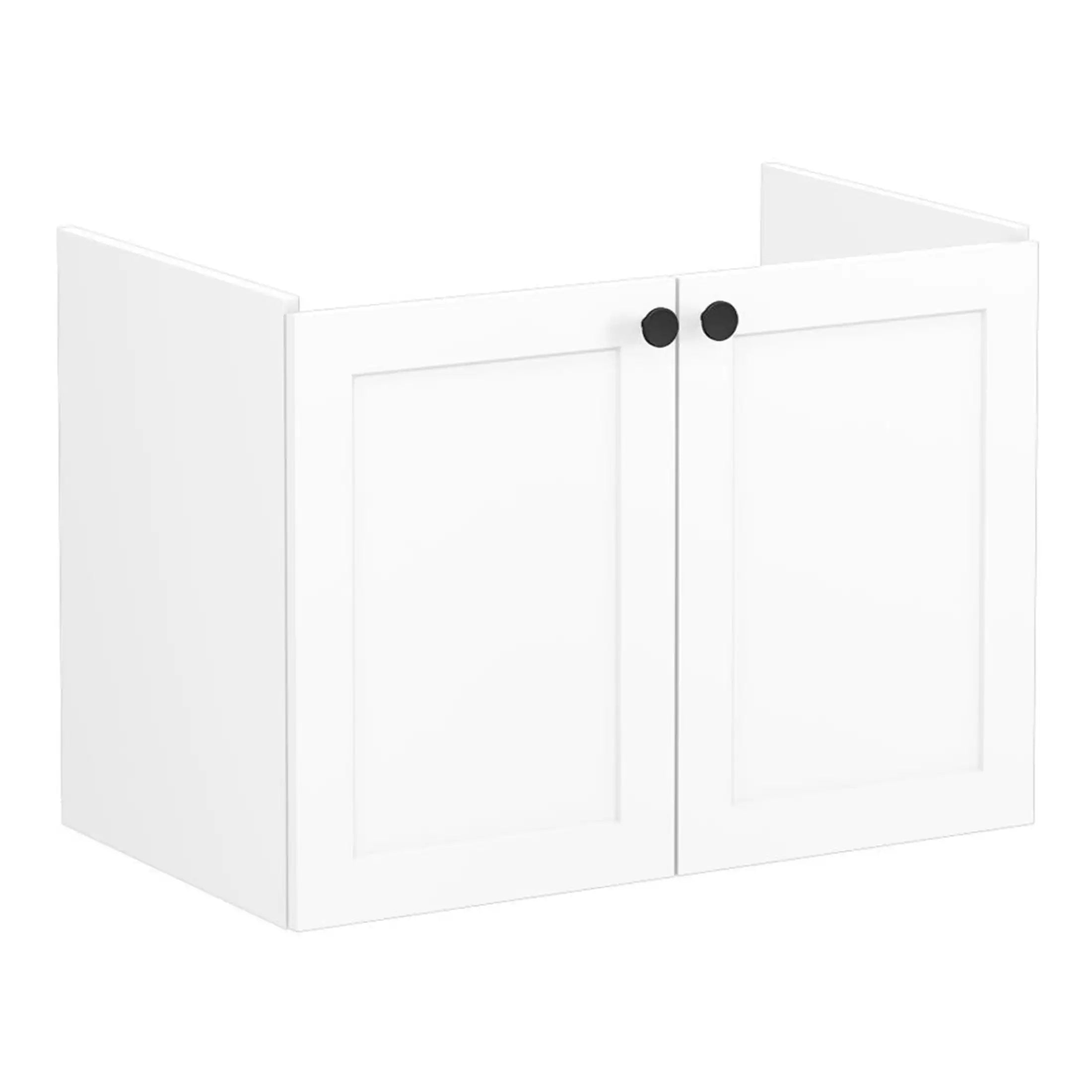 White bathroom wall cabinet with black round handles, modern storage solution for bathrooms, sleek design by Bubly Bathrooms.