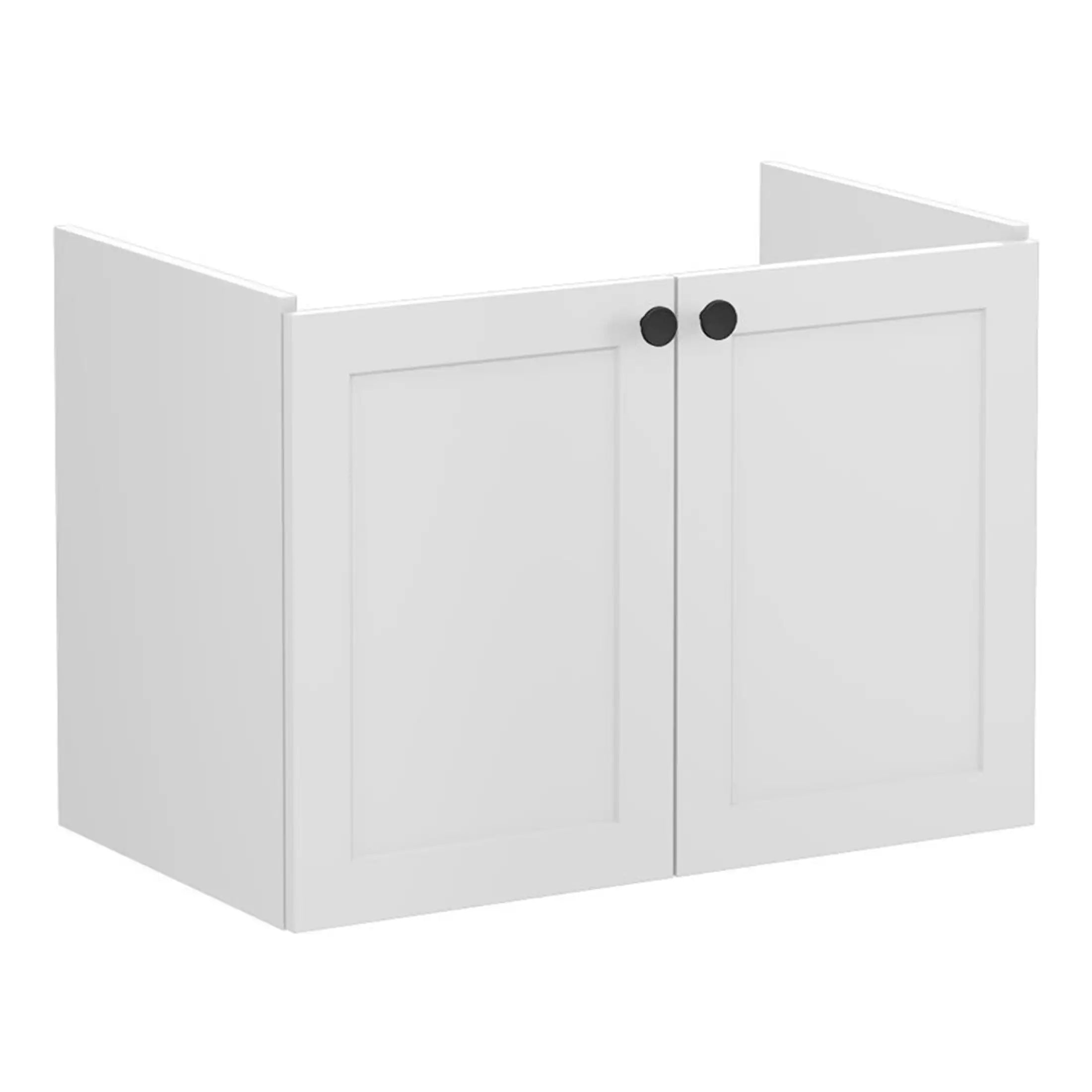 Minimalist white bathroom vanity cabinet with black knob handles for modern bathroom storage solutions.