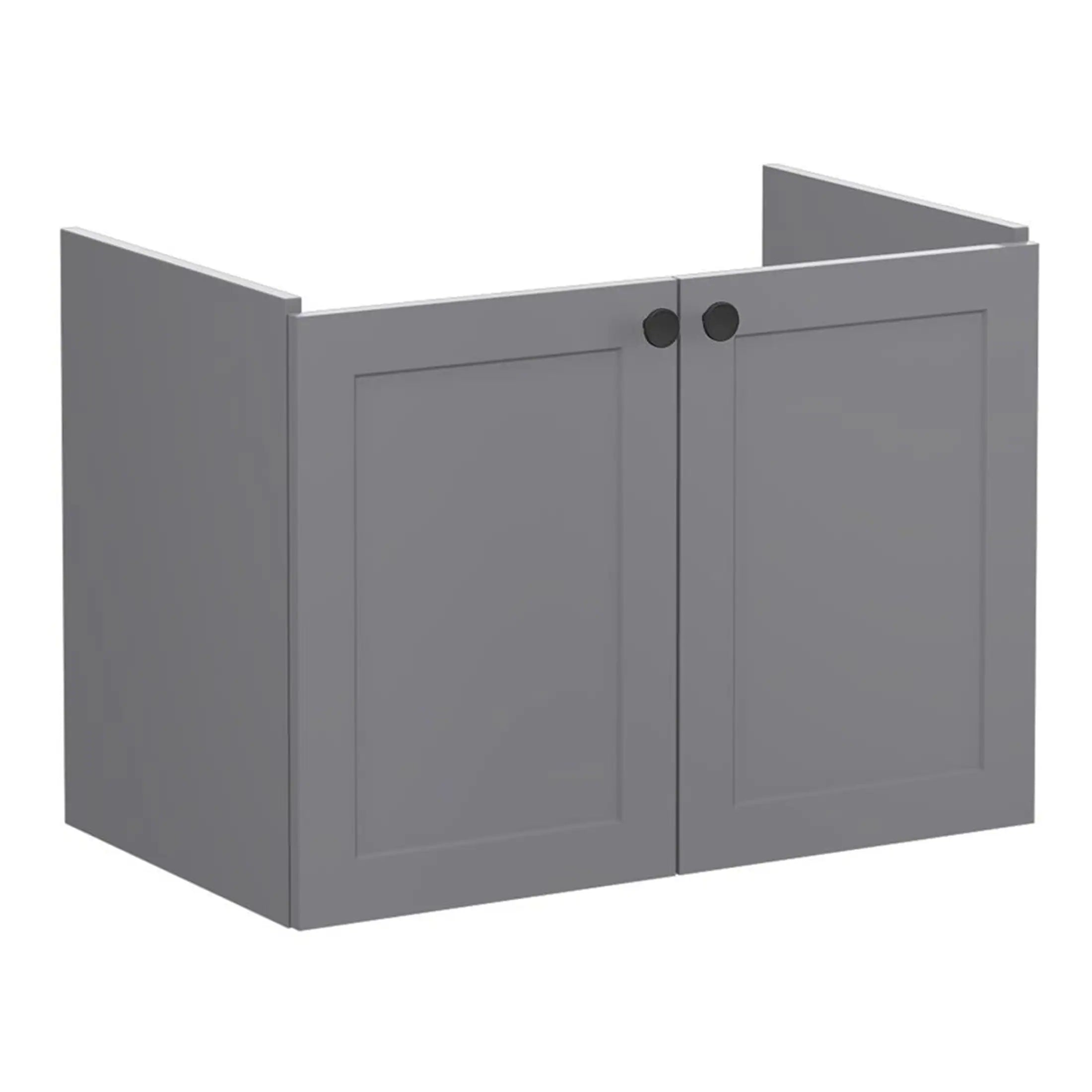 Grey bathroom vanity cabinet with black knobs, ideal for modern bathroom storage solutions. Durable, stylish, and perfect for organising toiletries in a contemporary bathroom setup.