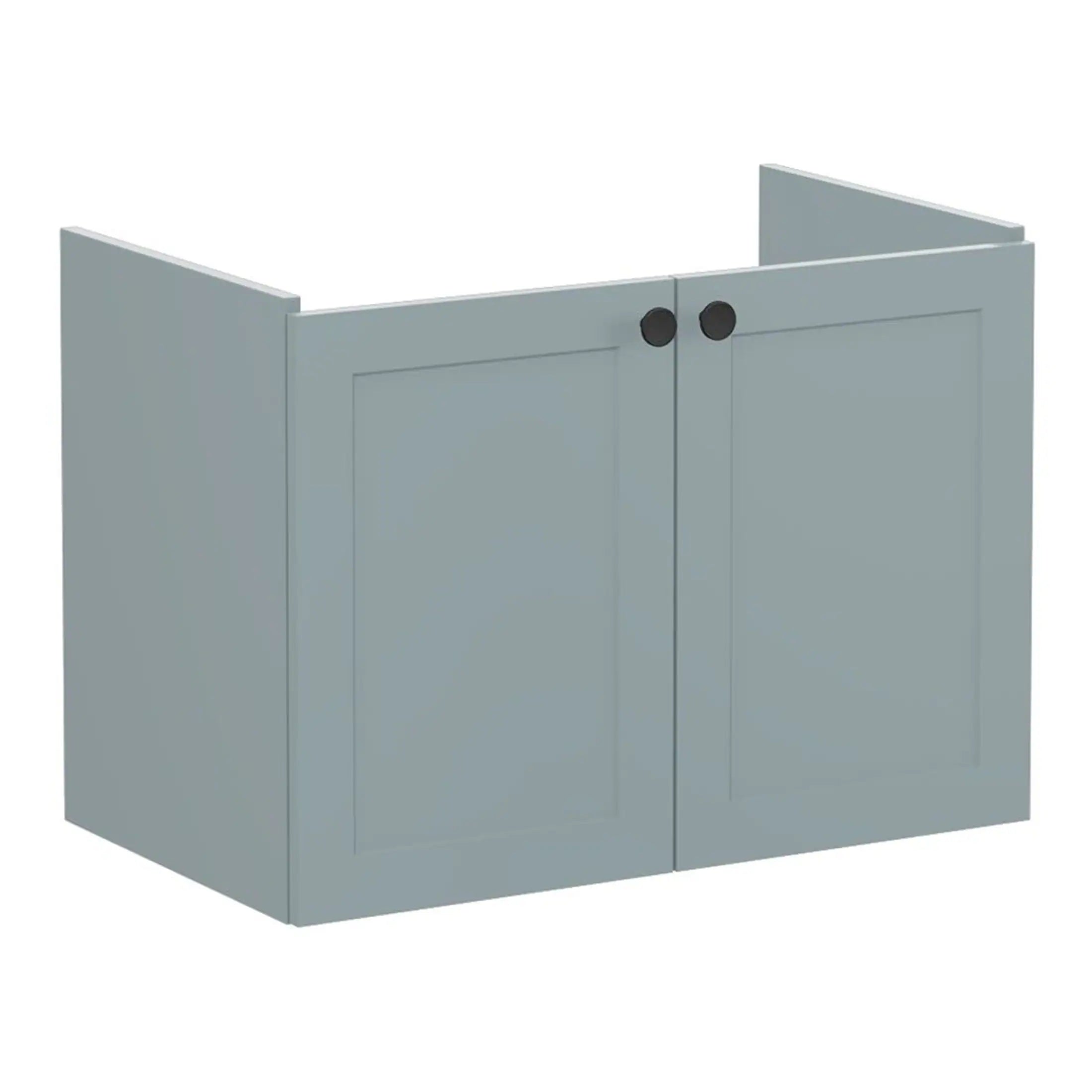 Modern grey bathroom cabinet with double doors, ideal for bathroom storage solutions, featuring black round handles, sleek design, and practical layout for bathroom organisation.