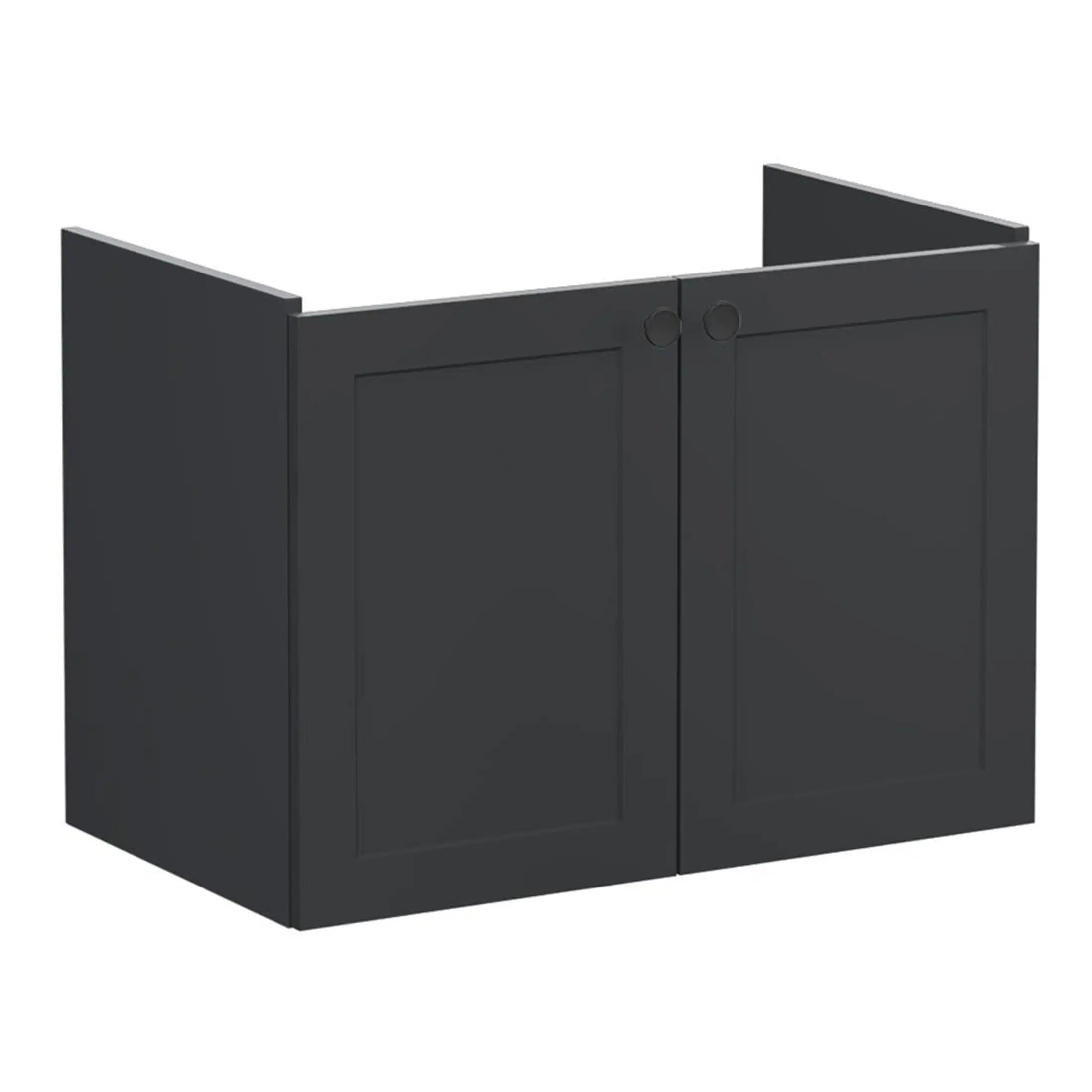 Modern black bathroom vanity cabinet with two doors, ideal for bathroom storage solutions, stylish and space-saving design.