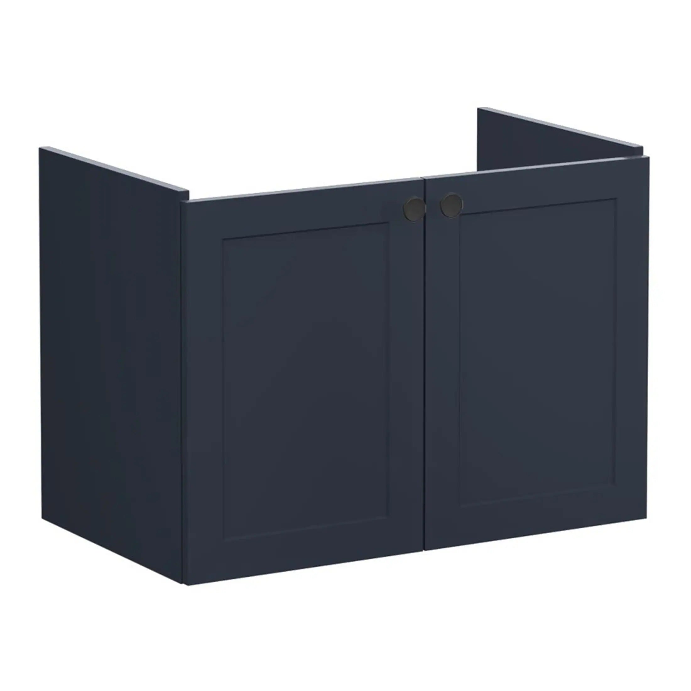 Black bathroom vanity cabinet with two doors, modern storage solution for bathroom organisation, perfect for contemporary bathroom designs.