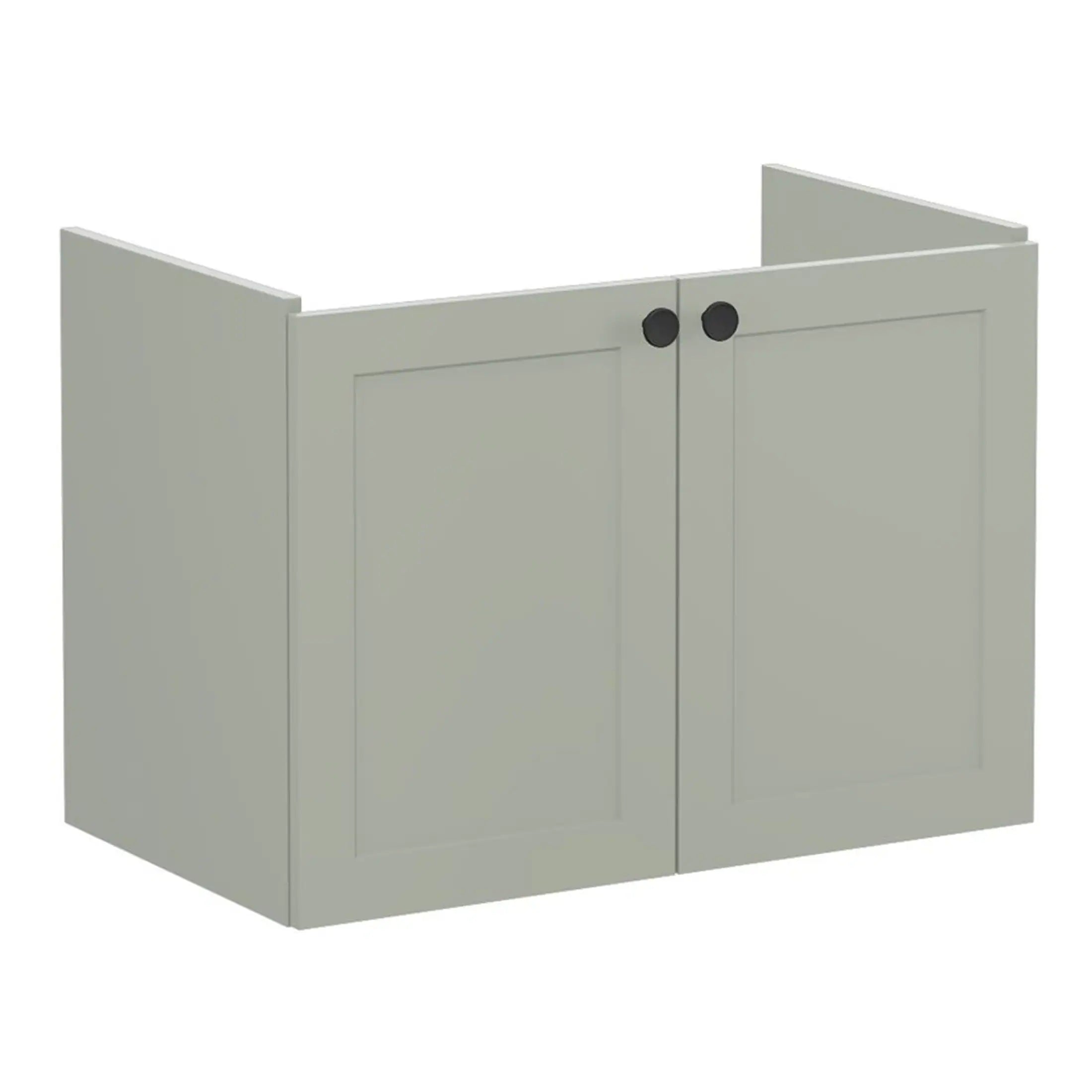 Modern grey bathroom vanity cabinet with black door handles, ideal for stylish bathroom storage solutions.