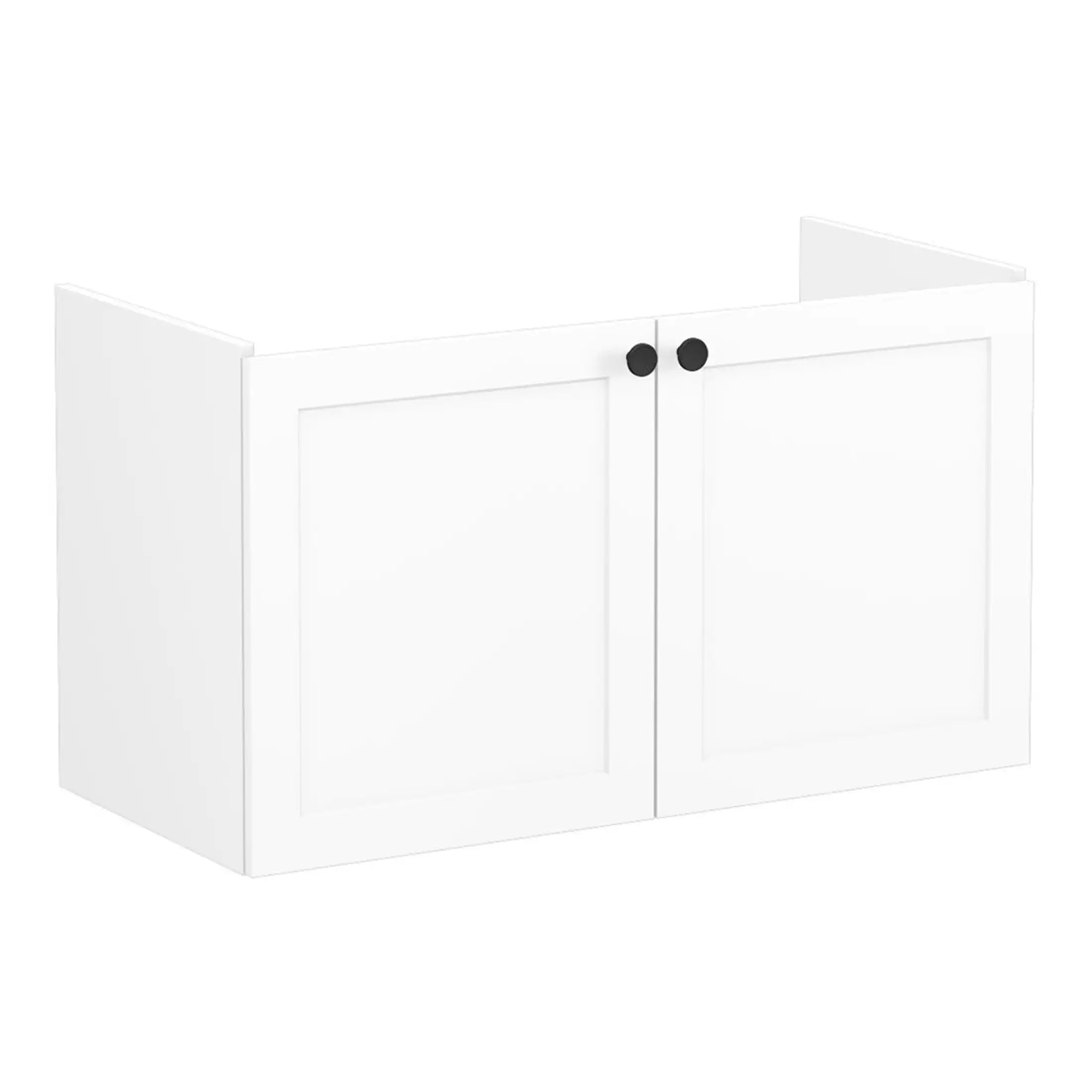 Modern white bathroom cabinet with black knobs, ideal for bathroom storage and organisation, part of Bubly Bathrooms' premium bathroom furniture collection.