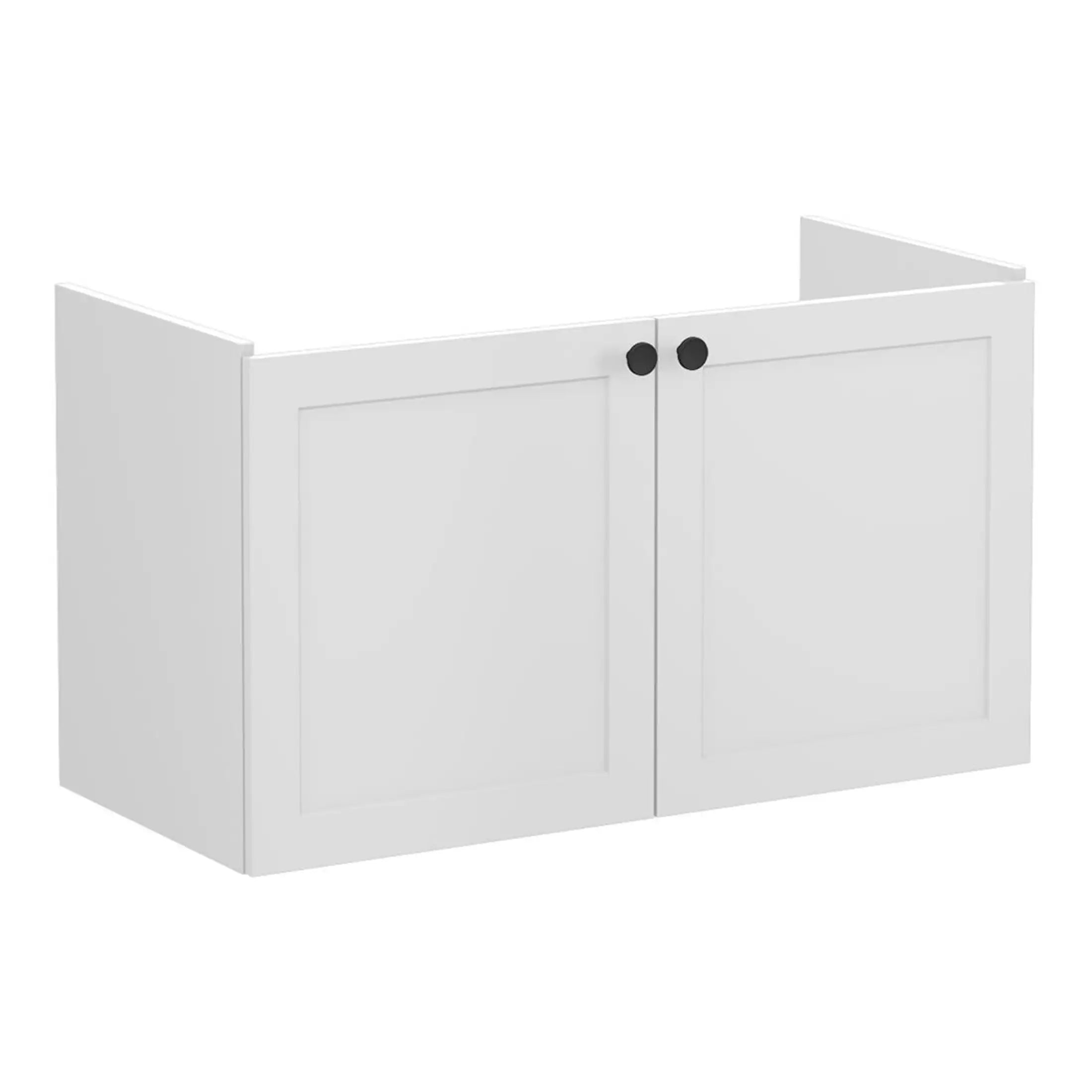 White bathroom wall cabinet with two doors and black knobs, ideal for storage in modern bathrooms, from Bubly Bathrooms UK.