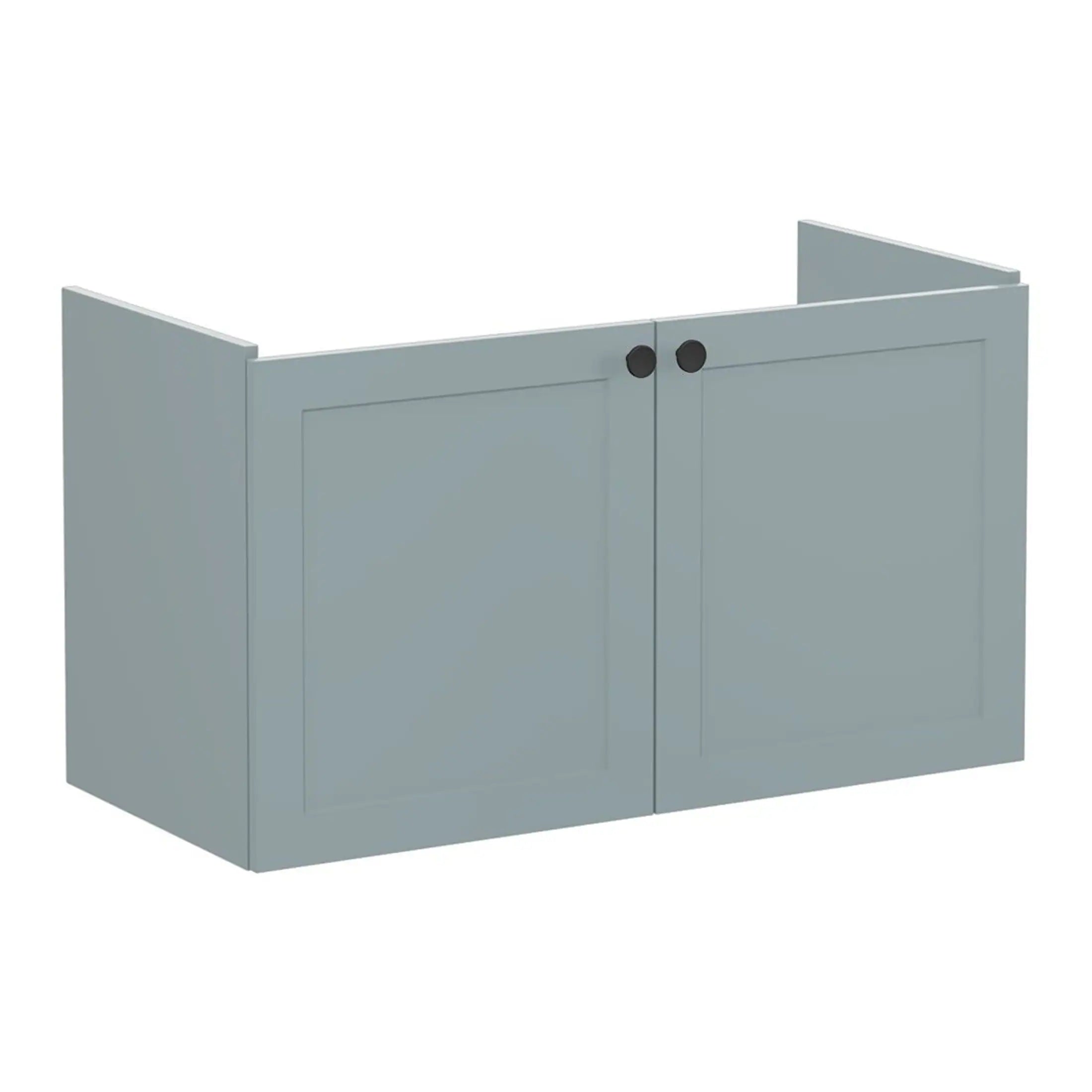 Contemporary grey bathroom vanity cabinet with double doors and black knobs, designed for modern bathroom storage solutions. Perfect for organising toiletries and enhancing bathroom decor.