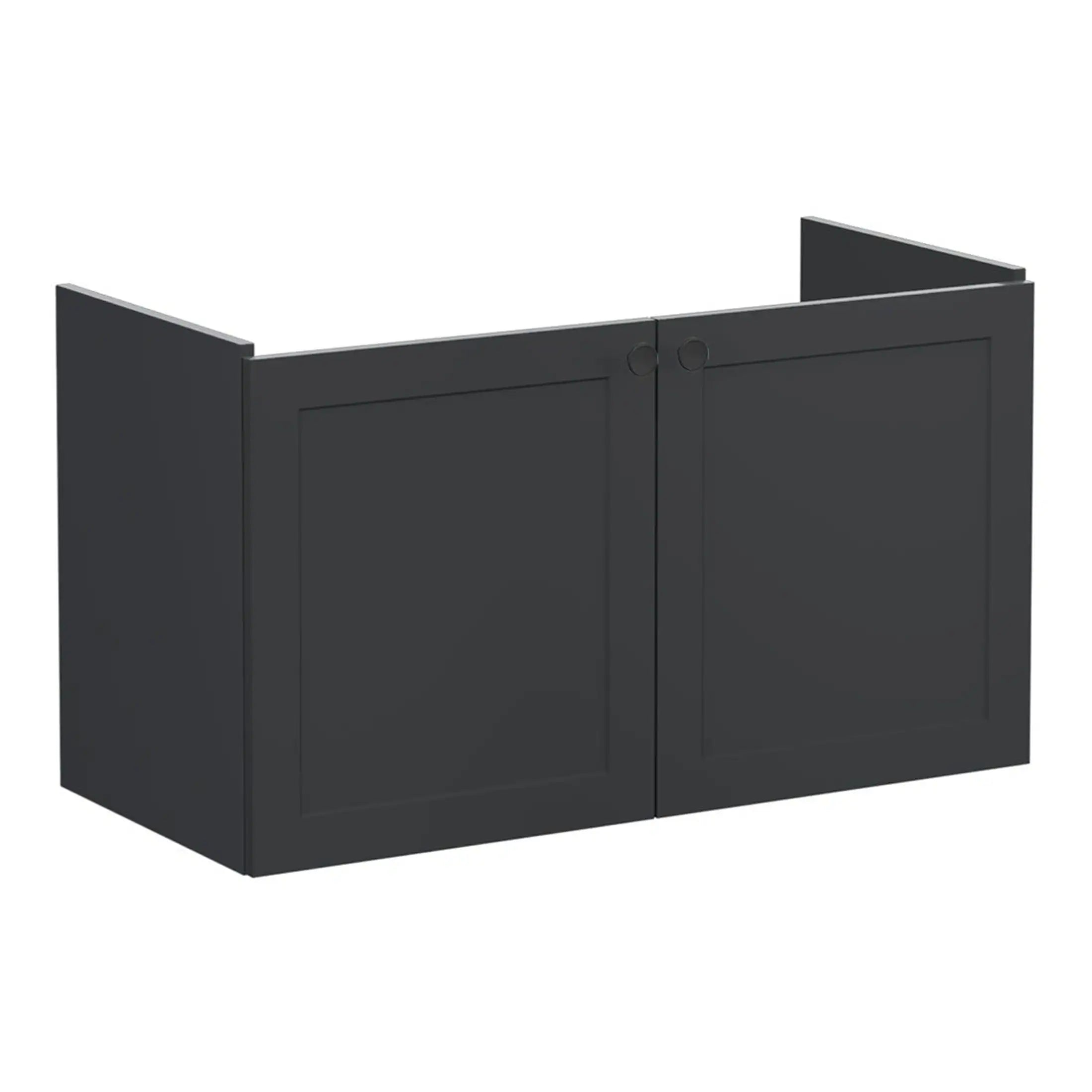 Sleek black bathroom vanity cabinet with two doors, ideal for modern bathroom storage solutions. Durable, stylish, and space-saving design perfect for contemporary bathroom interiors.
