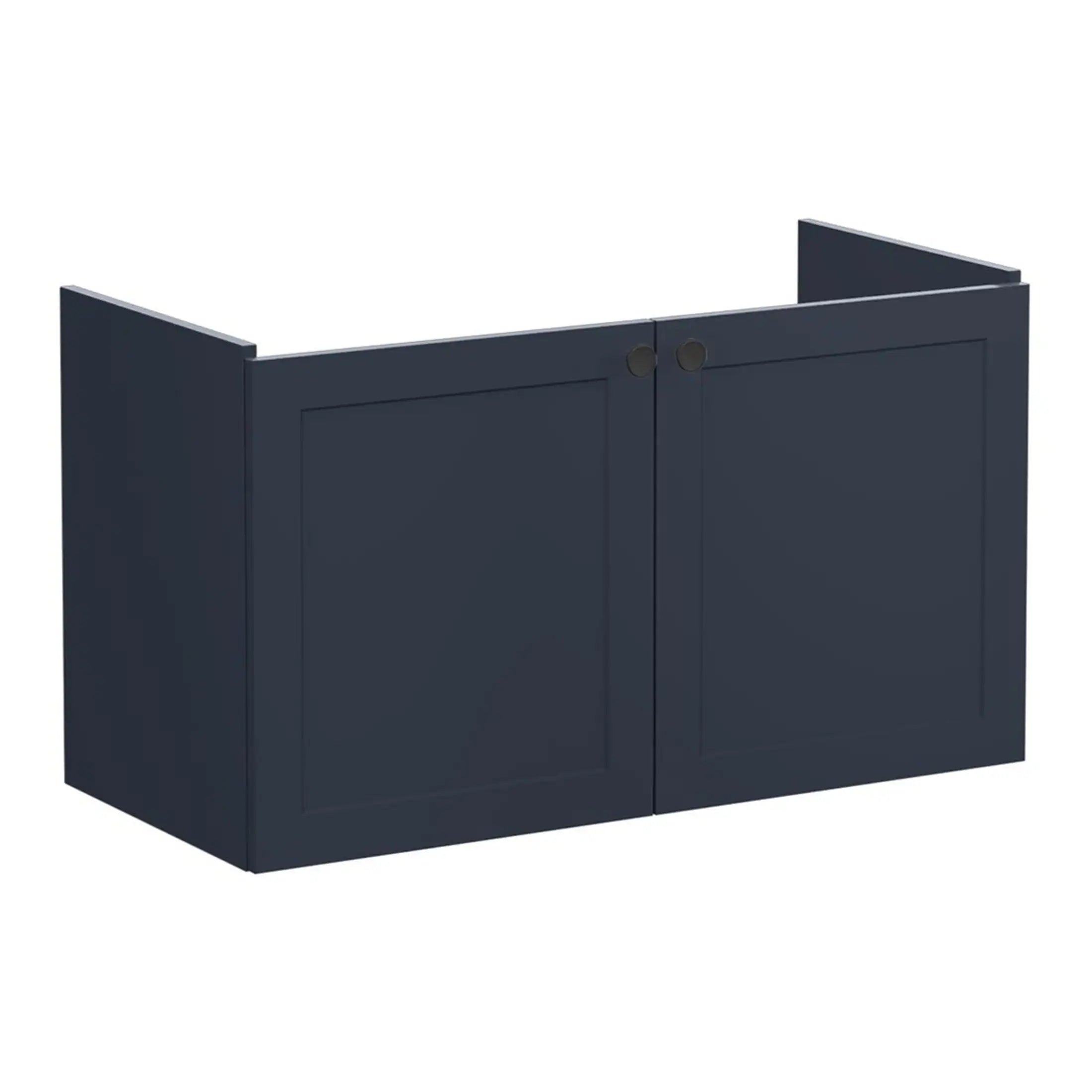 Modern navy blue bathroom wall cabinet with double doors, suitable for bathroom storage and organisation. Perfect for concealing toiletries and keeping bathrooms neat.