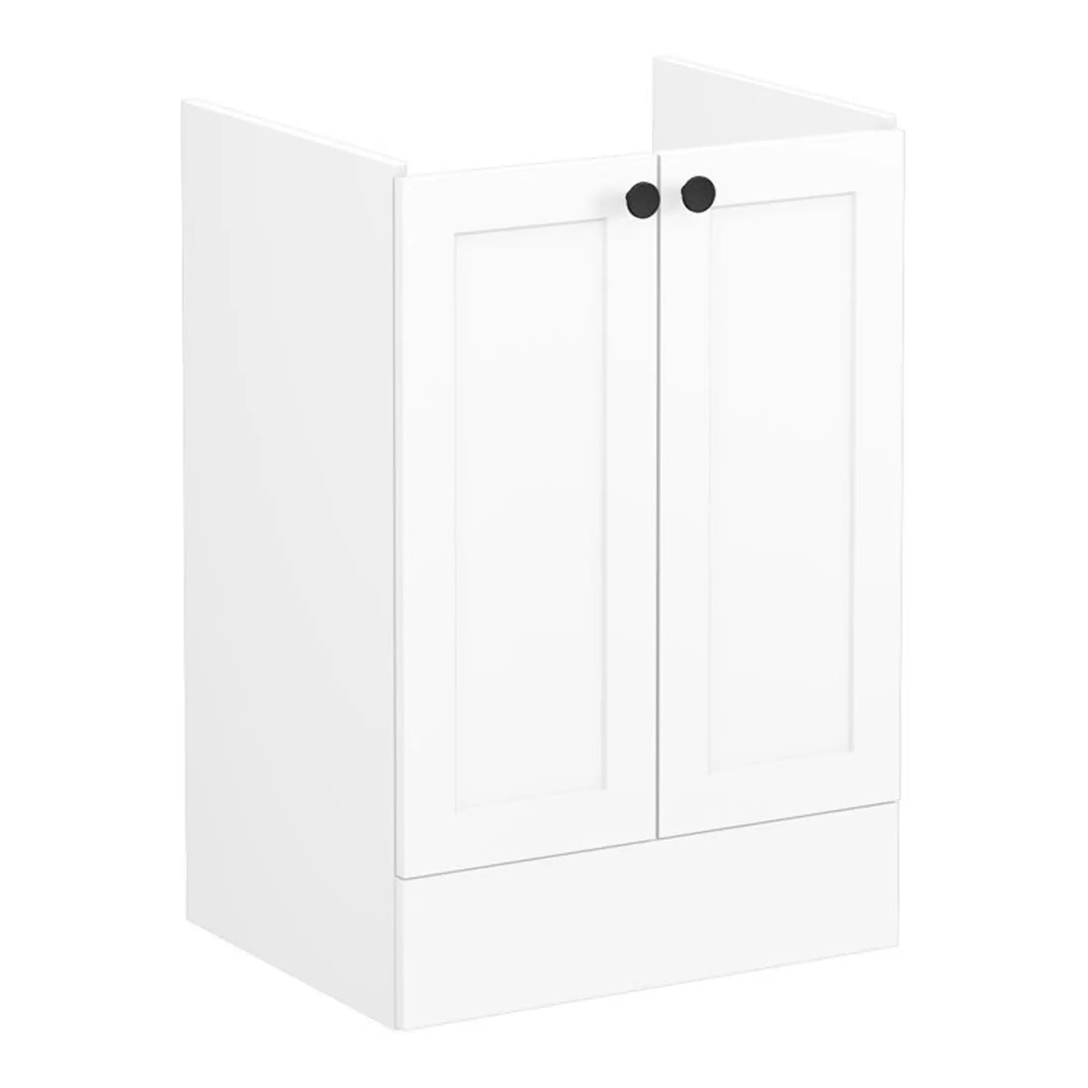 White bathroom wall cabinet with black round handles, ideal for bathroom storage and organisation. Compact and modern design by Bubly Bathrooms.