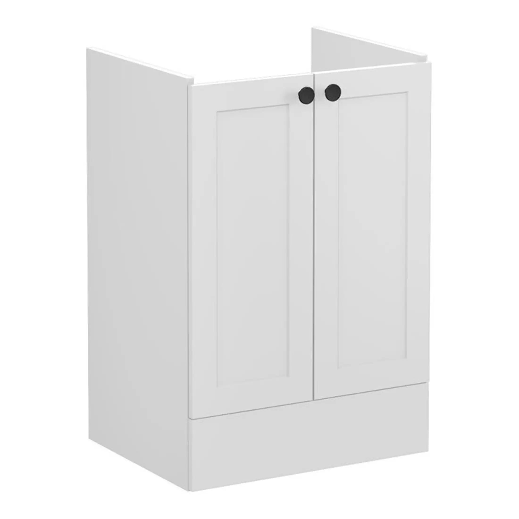 Modern white bathroom cabinet with minimalist design and black handles, ideal for stylish bathroom storage solutions by Bubly Bathrooms.