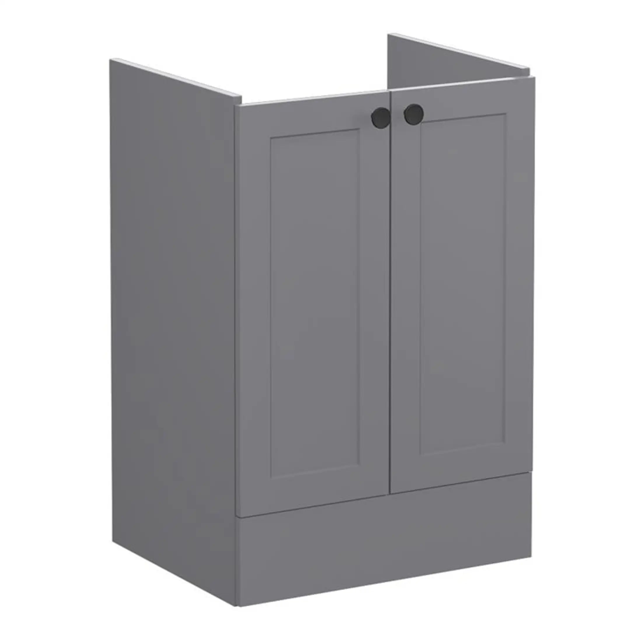 Modern grey bathroom cabinet with double doors, ideal for secure storage and contemporary bathroom decor. Perfect for organising toiletries in a sleek, functional style.