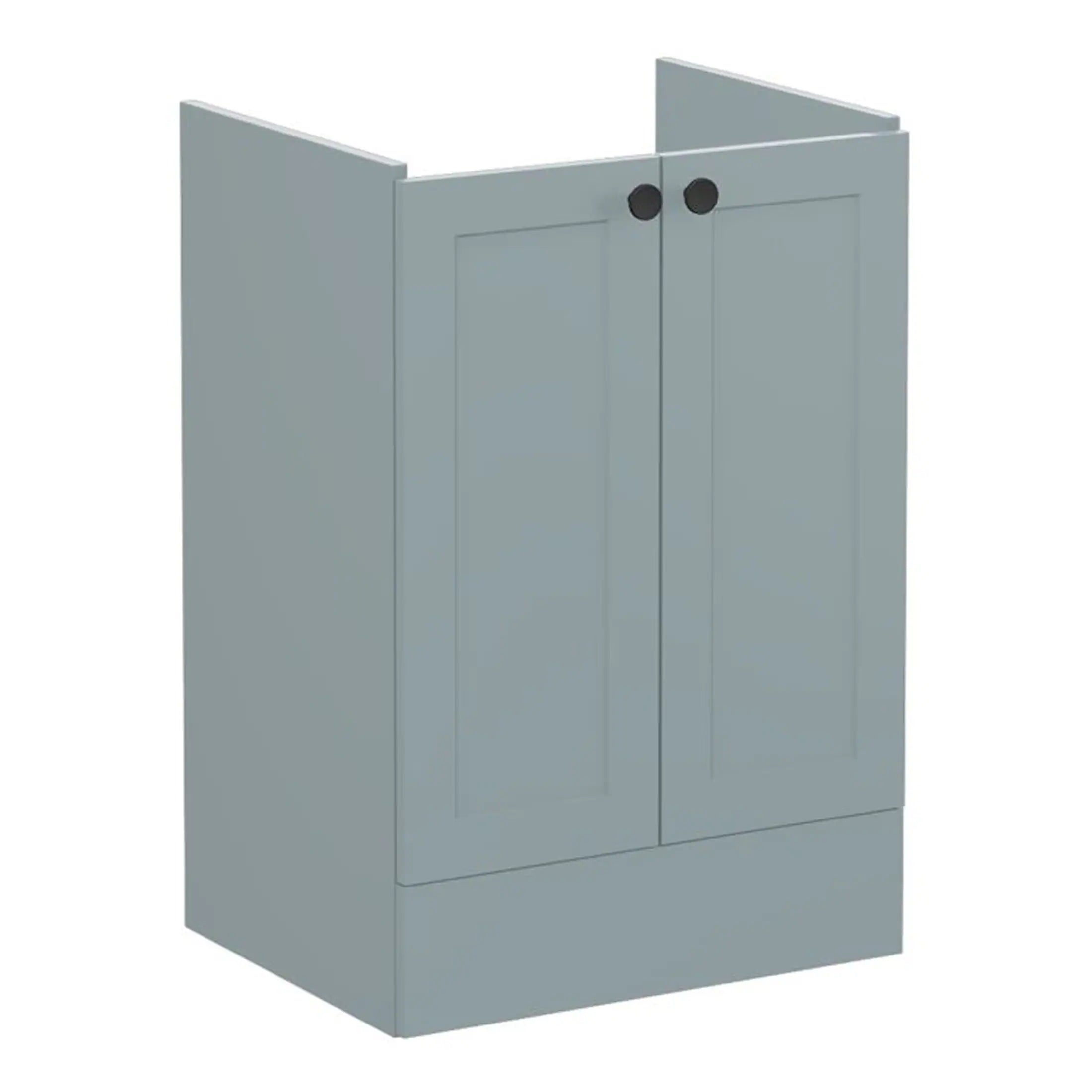 Bright grey bathroom storage cabinet with double doors, modern minimalist design, perfect for bathroom organisation and decoration.