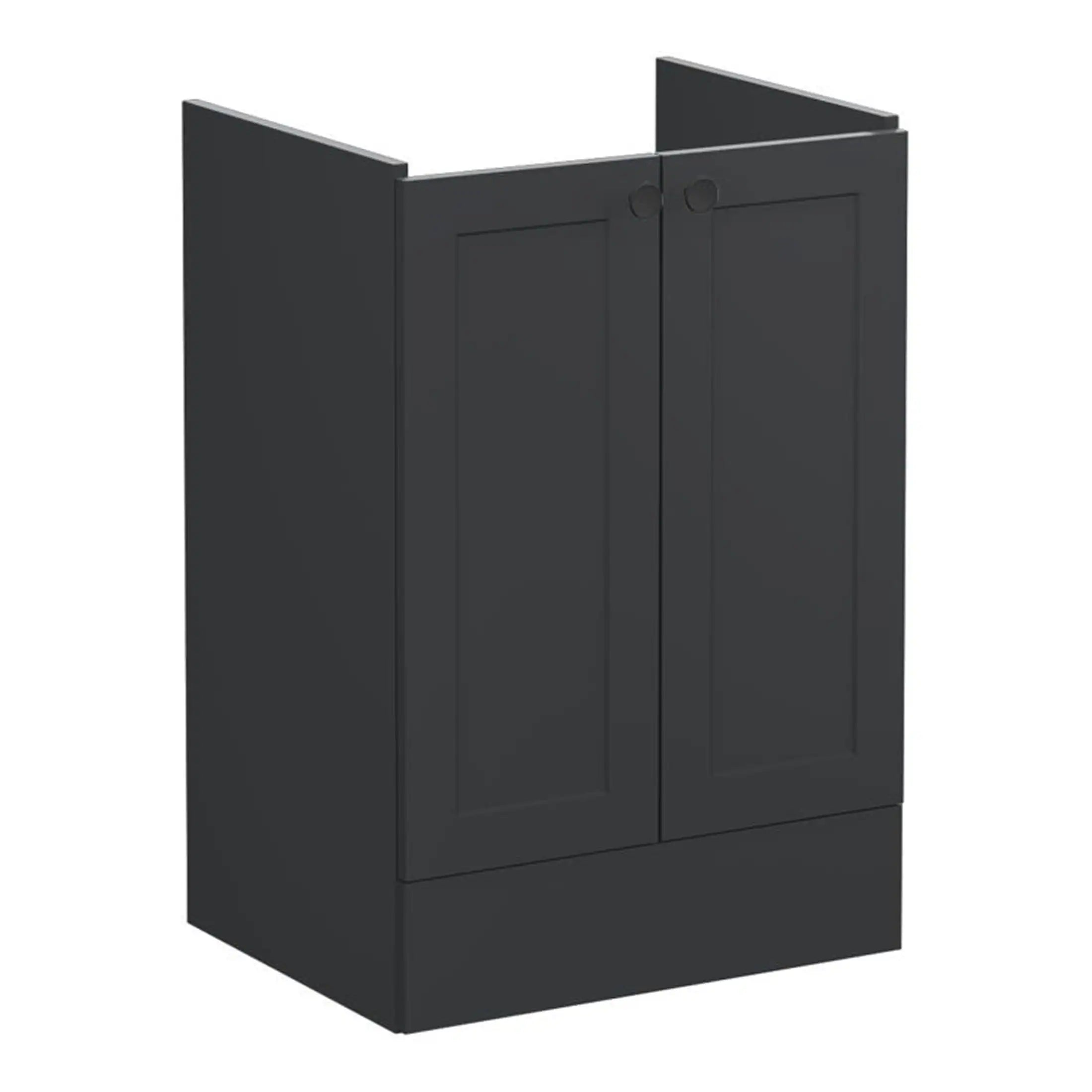 Sleek black bathroom cabinet with double doors, perfect for modern bathrooms, offering stylish storage solutions. Made from high-quality materials for durability and contemporary design.